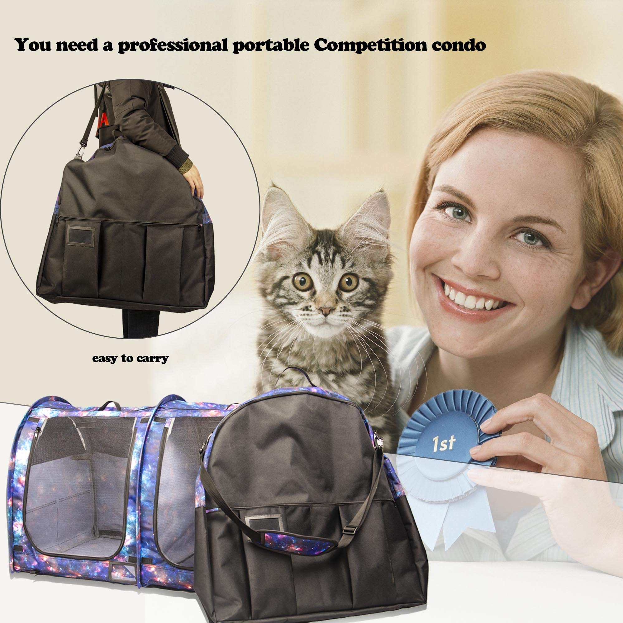 Mispace Portable Twin Compartment Show House Cat Cage/Condo - Easy To Fold & Carry Kennel - Comfy Puppy Home & Dog Travel Crate With Portable Carry Bag/Two Hammocks/Mats And Collapsible Litter Box