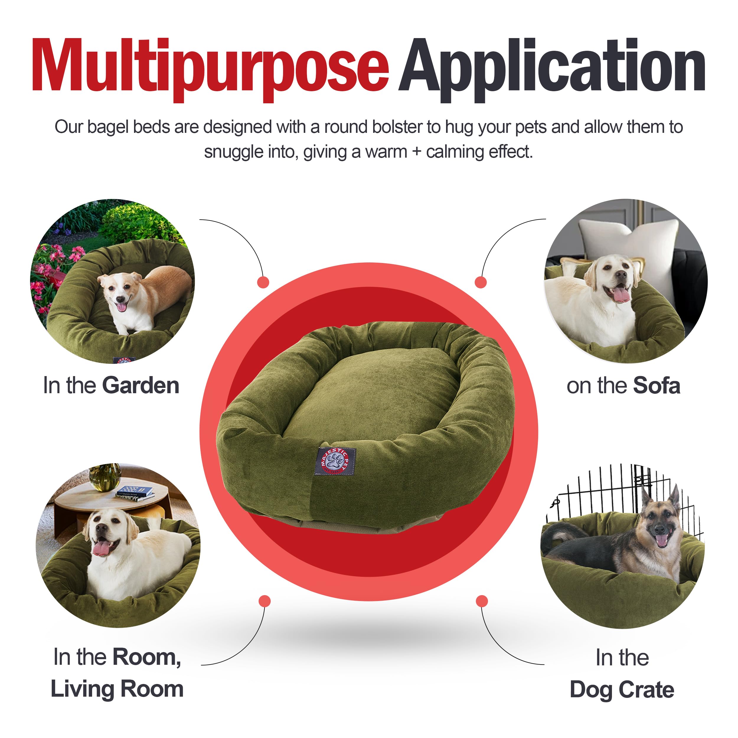 Majestic Pet 32 Inch Micro Velvet Calming Dog Bed Washable – Cozy Soft Round Dog Bed With Spine For Head Support - Fluffy Donut Dog Bed 32X23X7 (Inch) – Round Pet Bed Medium – Fern