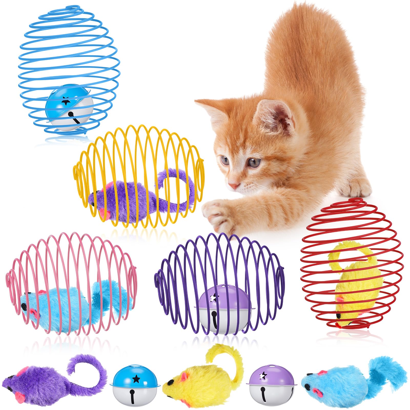 Jecery 5 Pcs Cat Spring Balls Toys Stretchable Rolling Balls Colorful Playful Coils Interactive Action Toy Caged Rats for Kitten