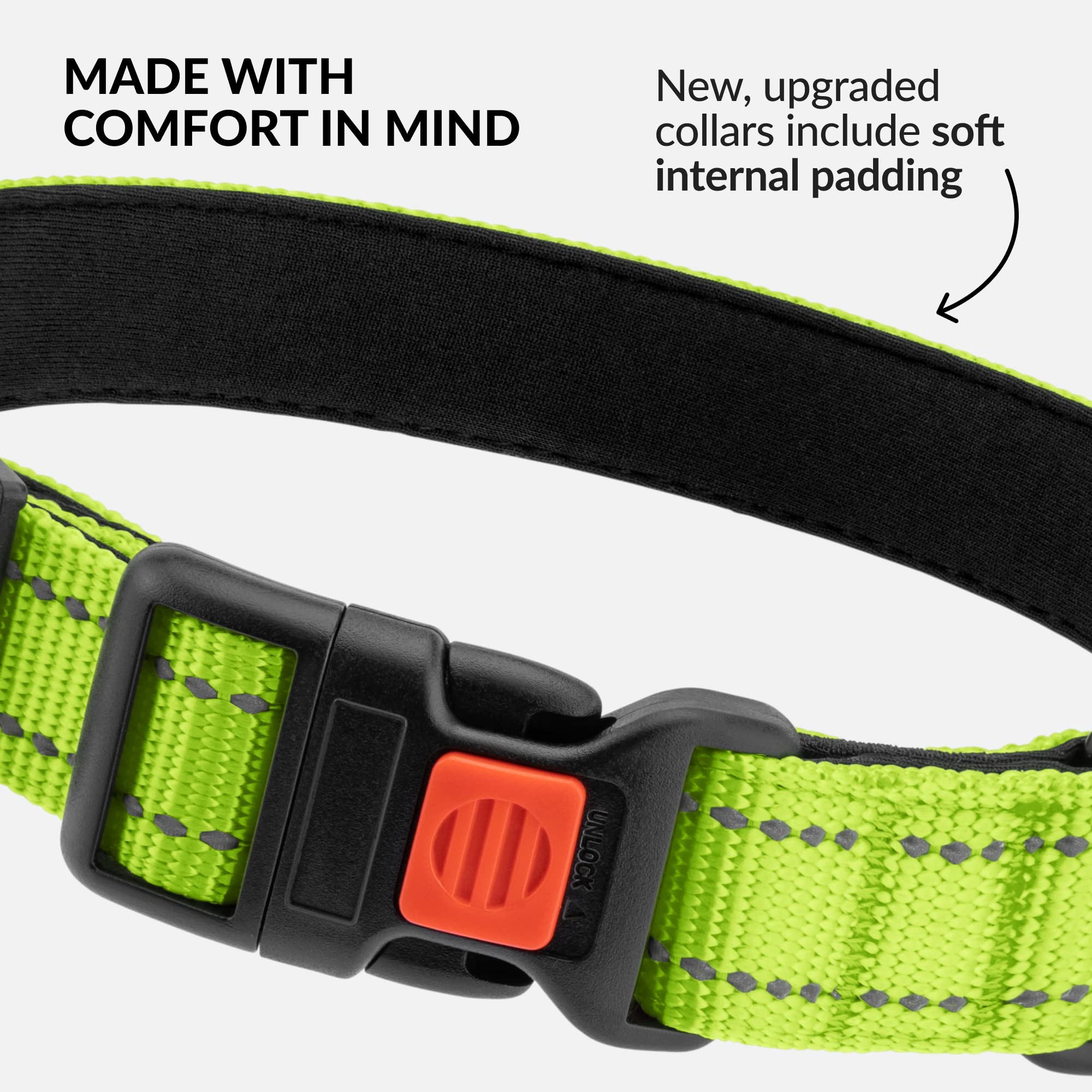 Collardirect Reflective Padded Dog Collar For A Small, Medium, Large Dog Or Puppy With A Quick Release Buckle - Boy And Girl - Nylon Suitable For Swimming (18-26 Inch, Lime Green)
