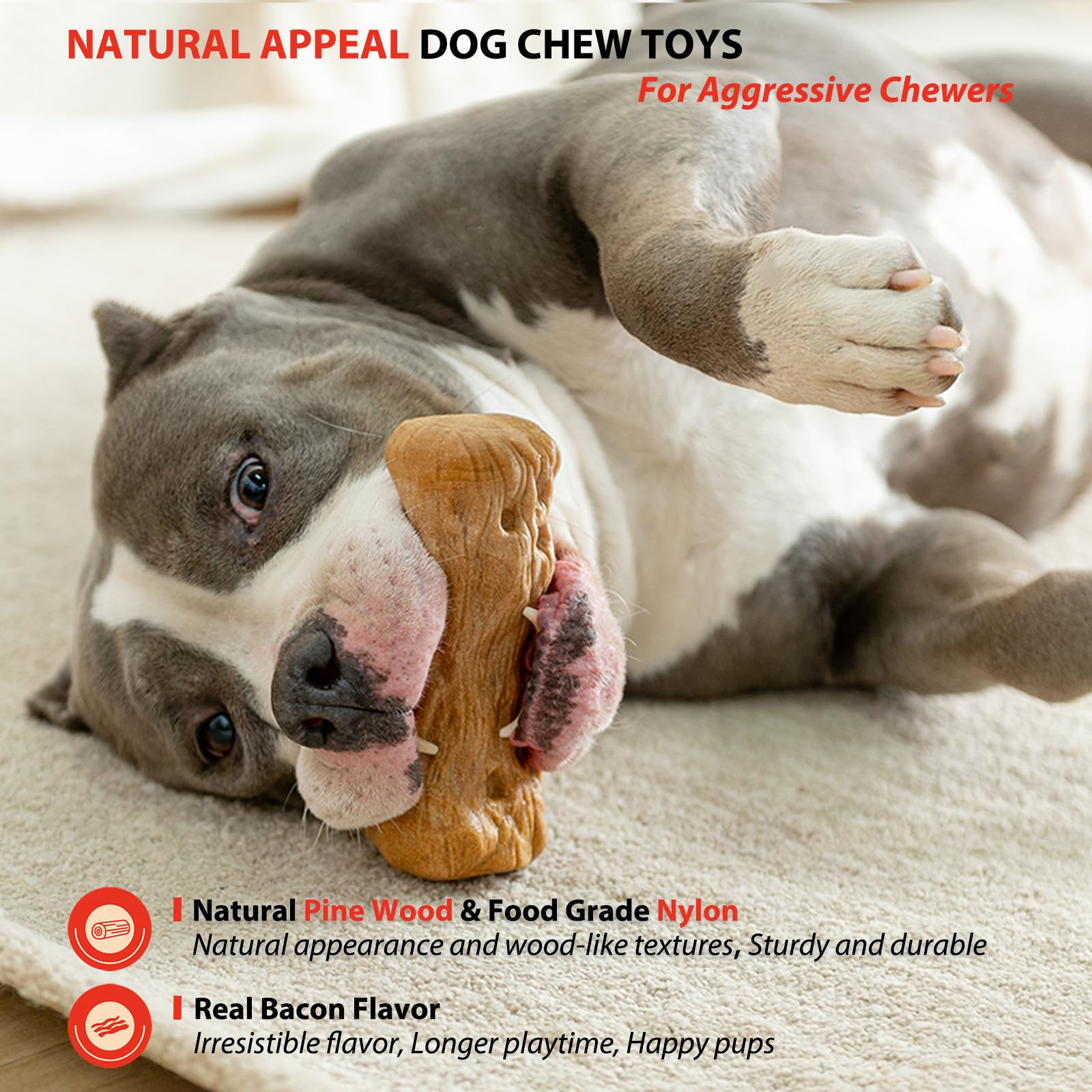 Willjoy 3-Pack Dog Toys For Aggressive Chewers, Chew Toys For Aggressive Chewers, Pine Wood & Nylon, Bacon Flavor Aggressive Che