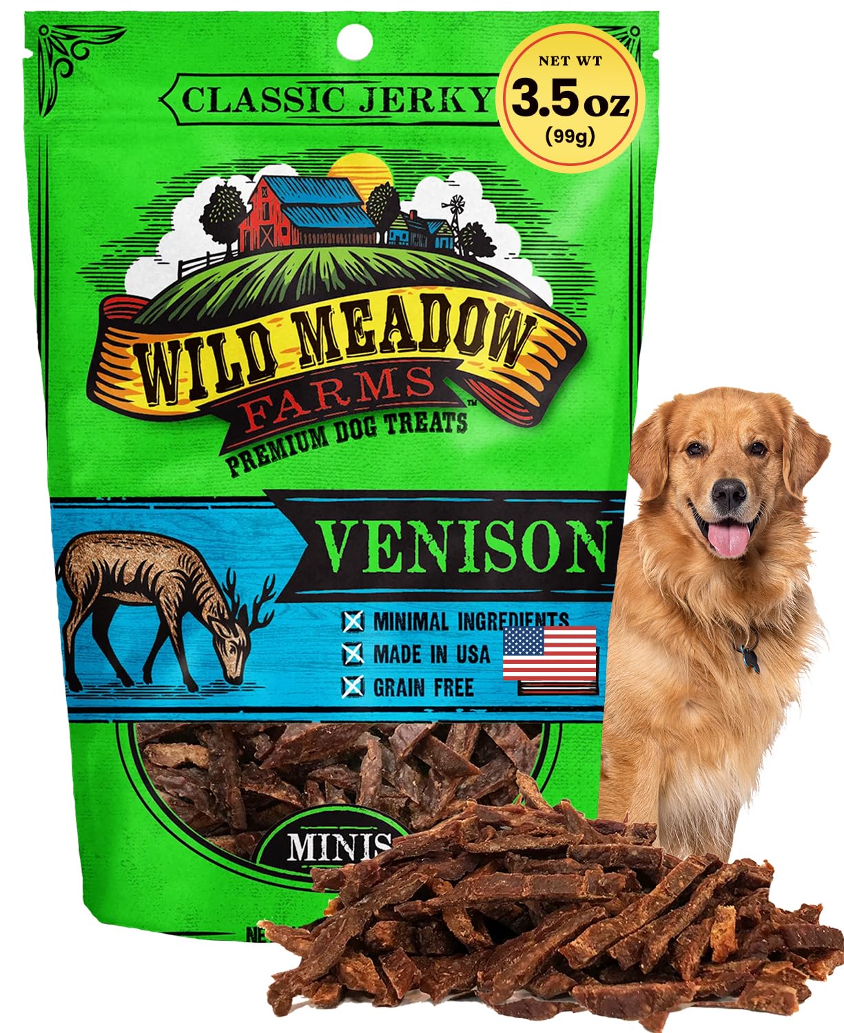Wild Meadow Farms - Classic Venison Minis, Soft Jerky Training Treats for Dogs, Grain-Free, All-Natural & Perfectly Sized for Tr