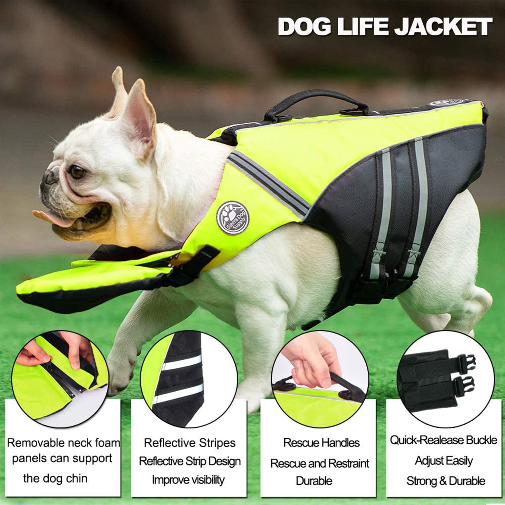 Petglad French Bulldog Life Jacket, Life Vest With Chin Float Rescue Handle For Corgi Pug, Adjustable High Visibility Flotation Swim Vest For Swimming Boating (Green)