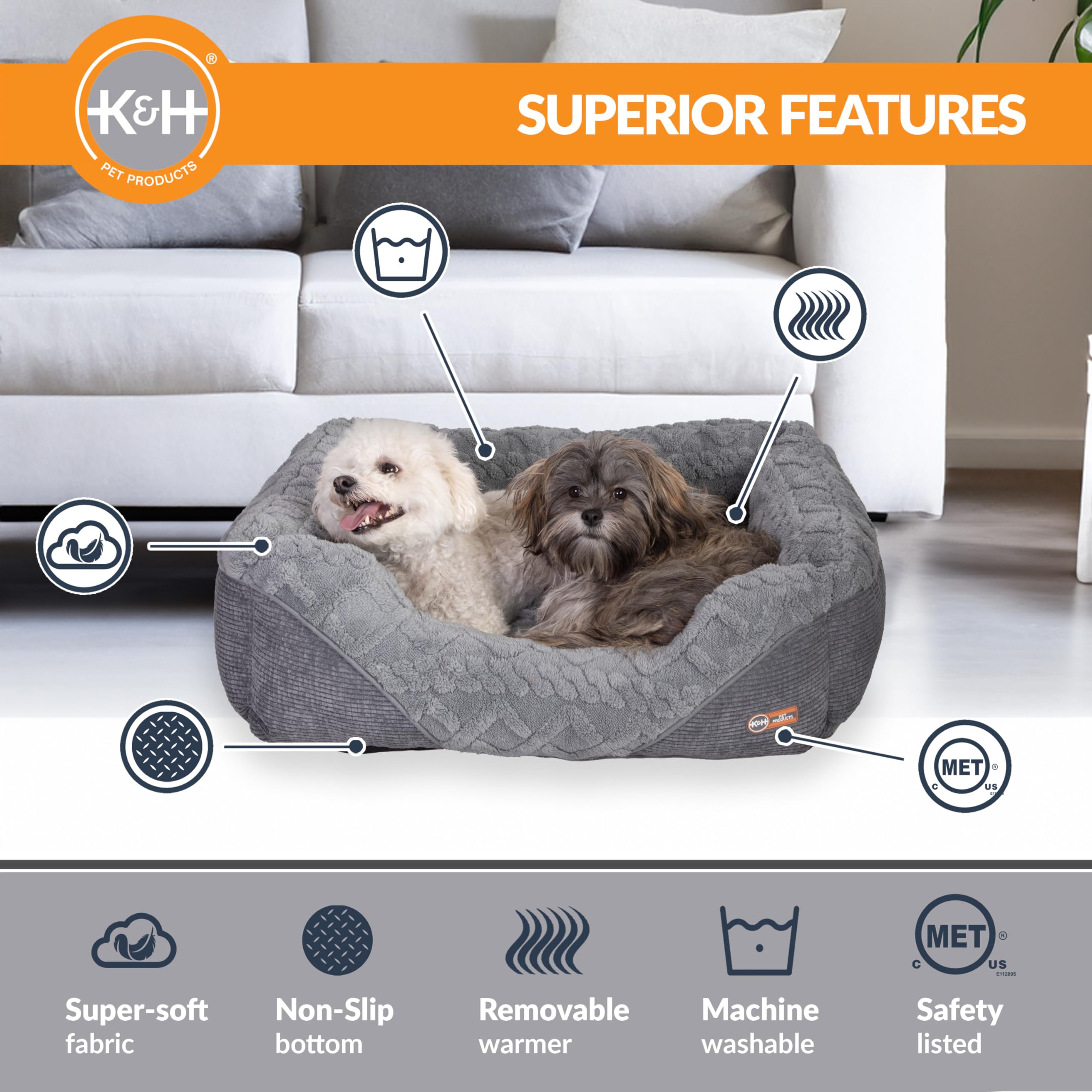 K&H Pet Products Thermo-Pet Lounge Sleeper Indoor Heated Pet Bed for Cats & Dogs, Bolstered Warm Calming Pillow Bed, Waterproof