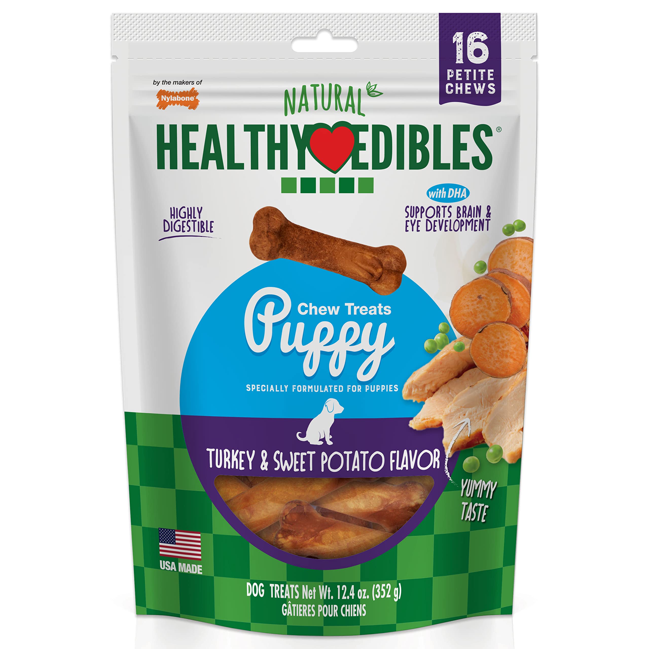 Nylabone Healthy Edibles Natural Puppy Chews Long Lasting Treats for Puppies, Turkey & Sweet Potato Flavor, X-Small/Petite (16 C
