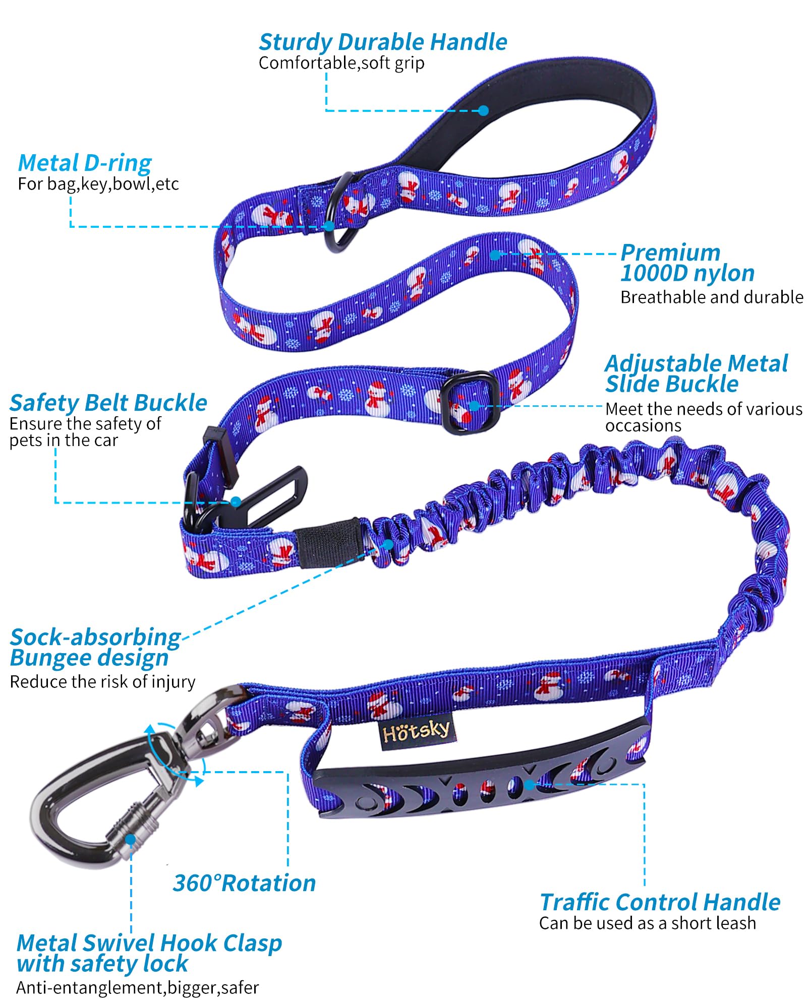 Hotsky Christmas Dog Leash Heavy Duty, Tactical Bungee Dog Leash With Car Seat Belt And Dual Handle For Medium Large Dogs, 4-6Ft Adjustable Shock Absorbing Strong Dog Leash For Training,Sapphire Blue