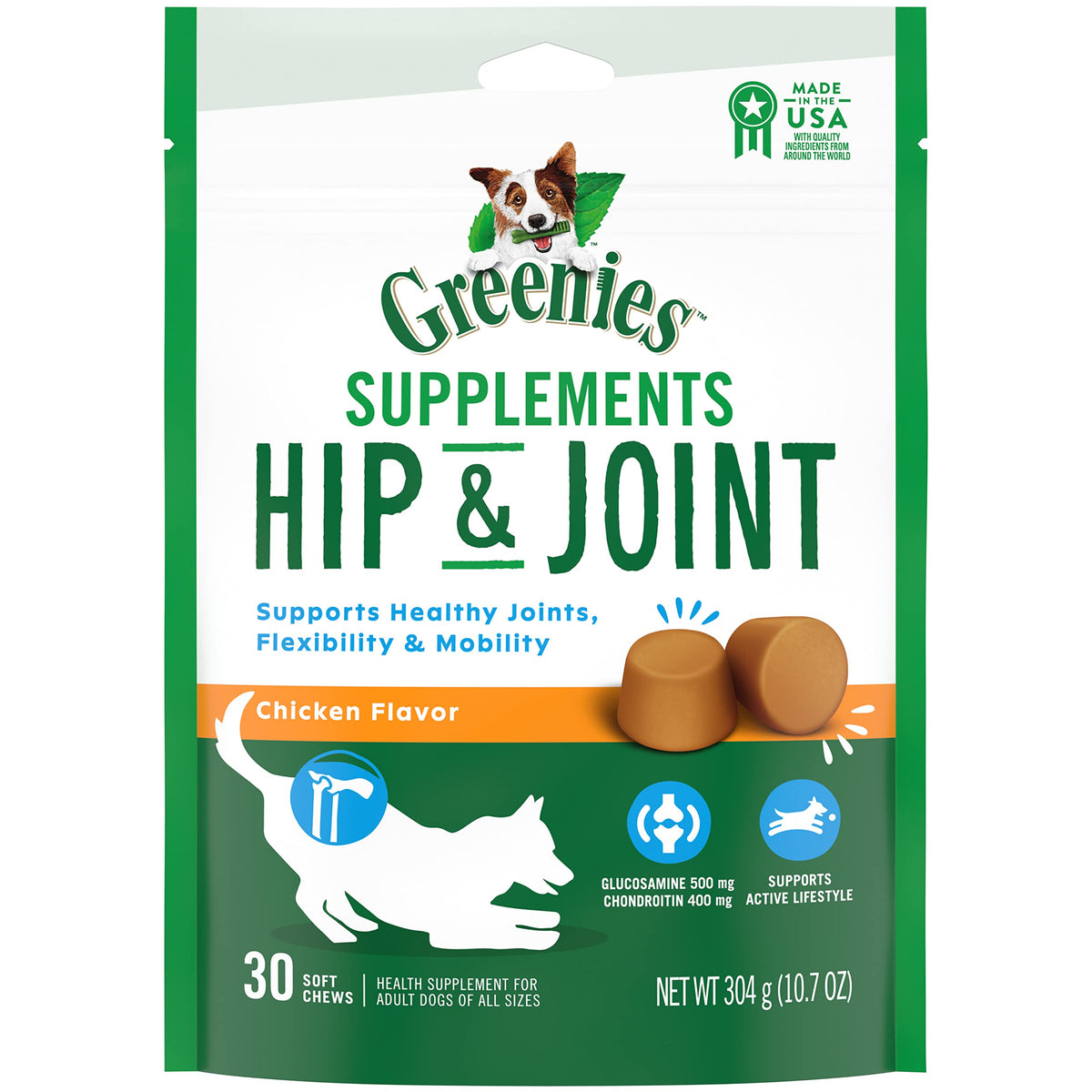 Greenies Hip & Joint Dog Supplements With Glucosamine And Chondroitin, Chicken-Flavor Soft Chews For Adult Dogs, 30-Count