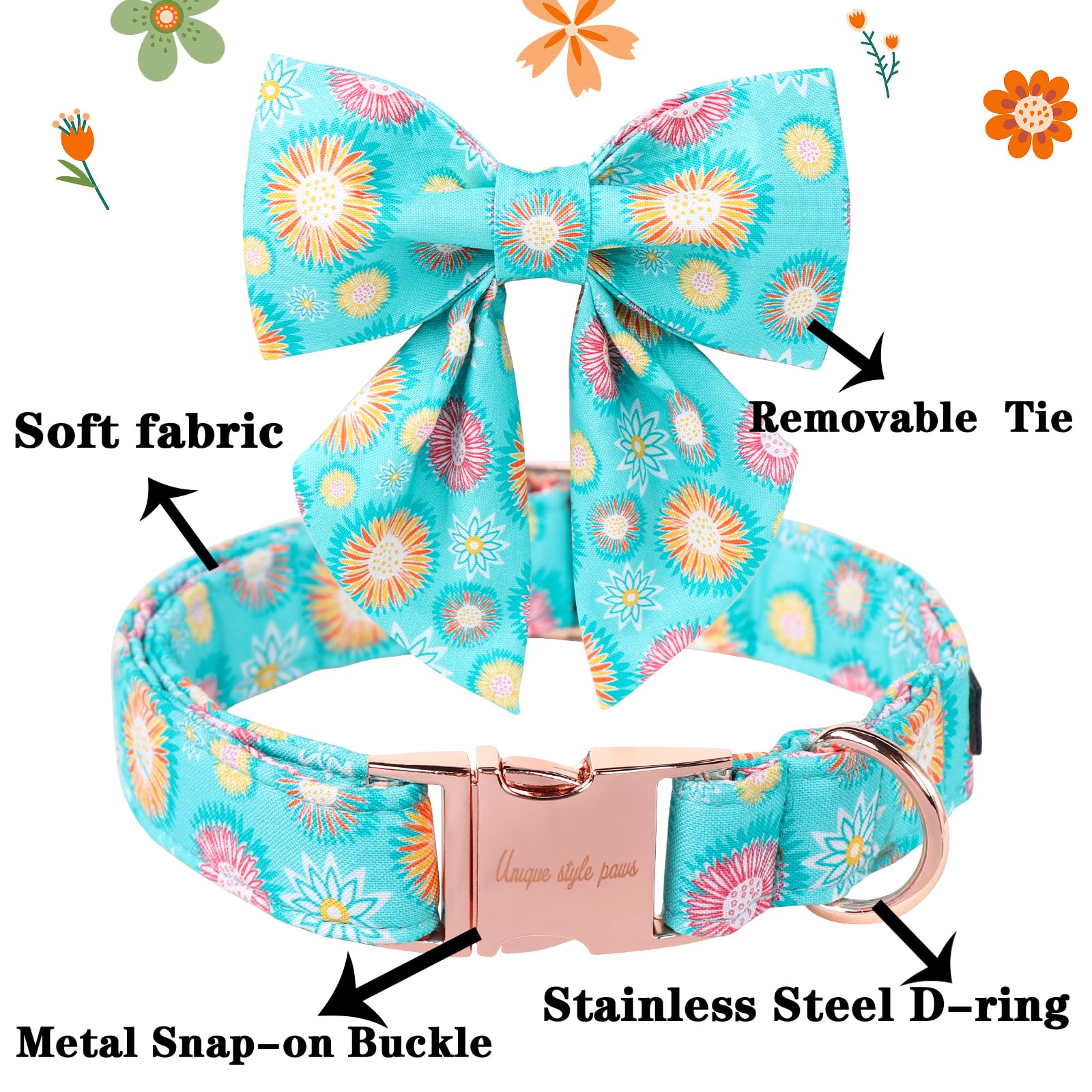Unique Style Paws Blue Dog Collar With Bowtie, Cute Sunflower Dog Collars Adjustable Puppy Collar For Small,Medium,Large Dogs