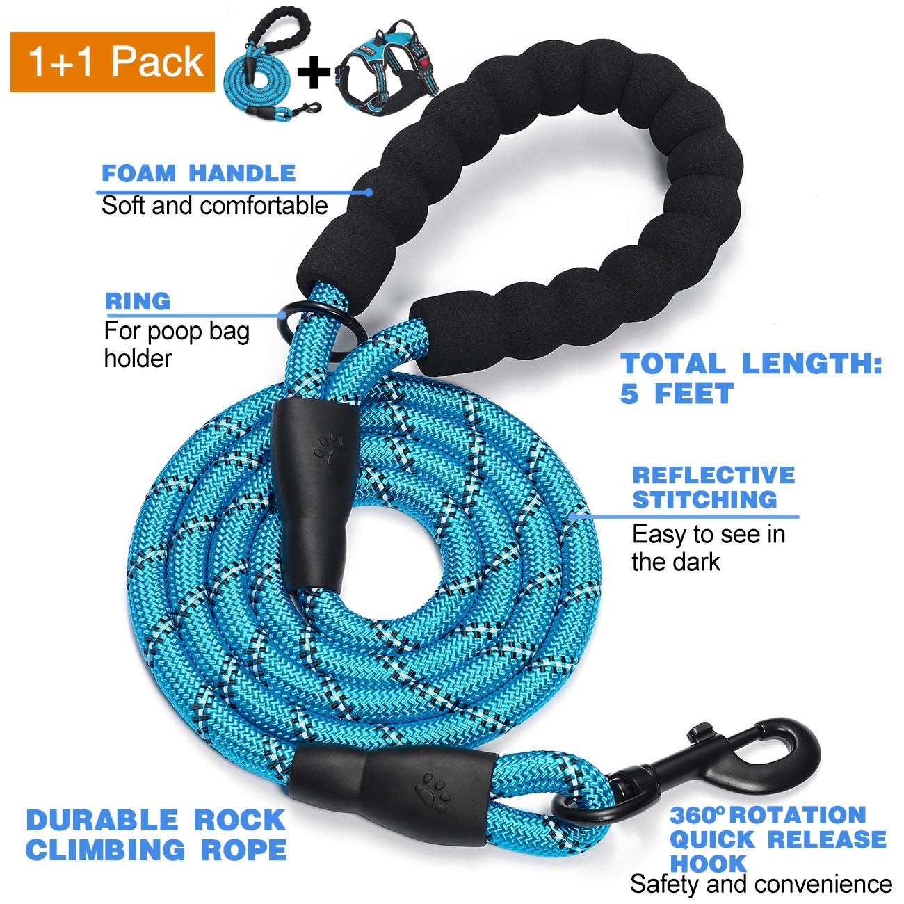 Tobedri No Pull Dog Harness Adjustable Reflective Oxford Easy Control Medium Large Dog Harness With A Free Heavy Duty 5Ft Dog Leash (S (Neck: 13'-18', Chest: 17.5'-22'), Blue Harness+Leash)