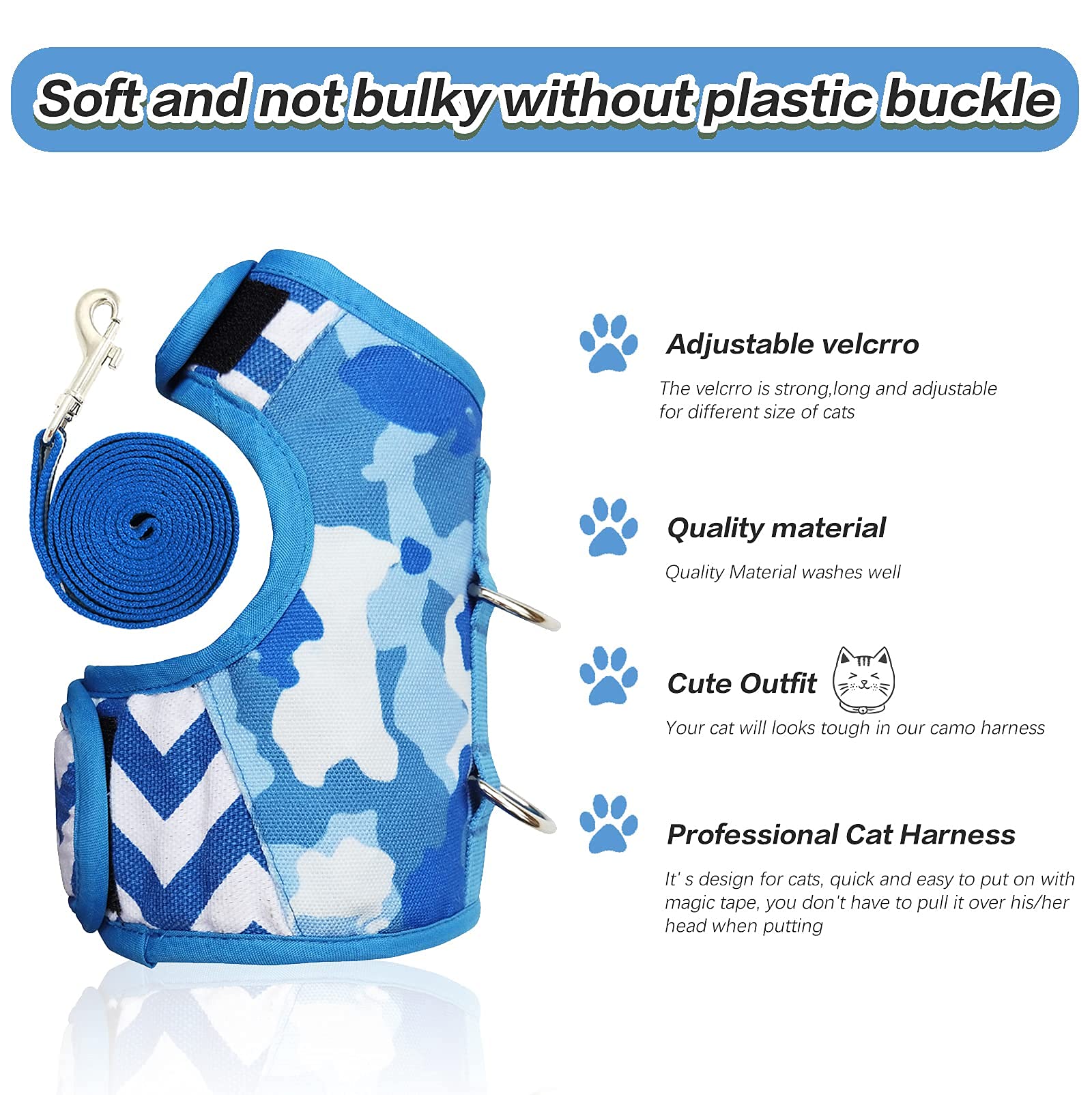 Yizhi Miaow Cat Harness And Leash For Walking Escape Proof, Adjustable Cat Vest Harness, Padded Stylish Cat Walking Jackets, Blu