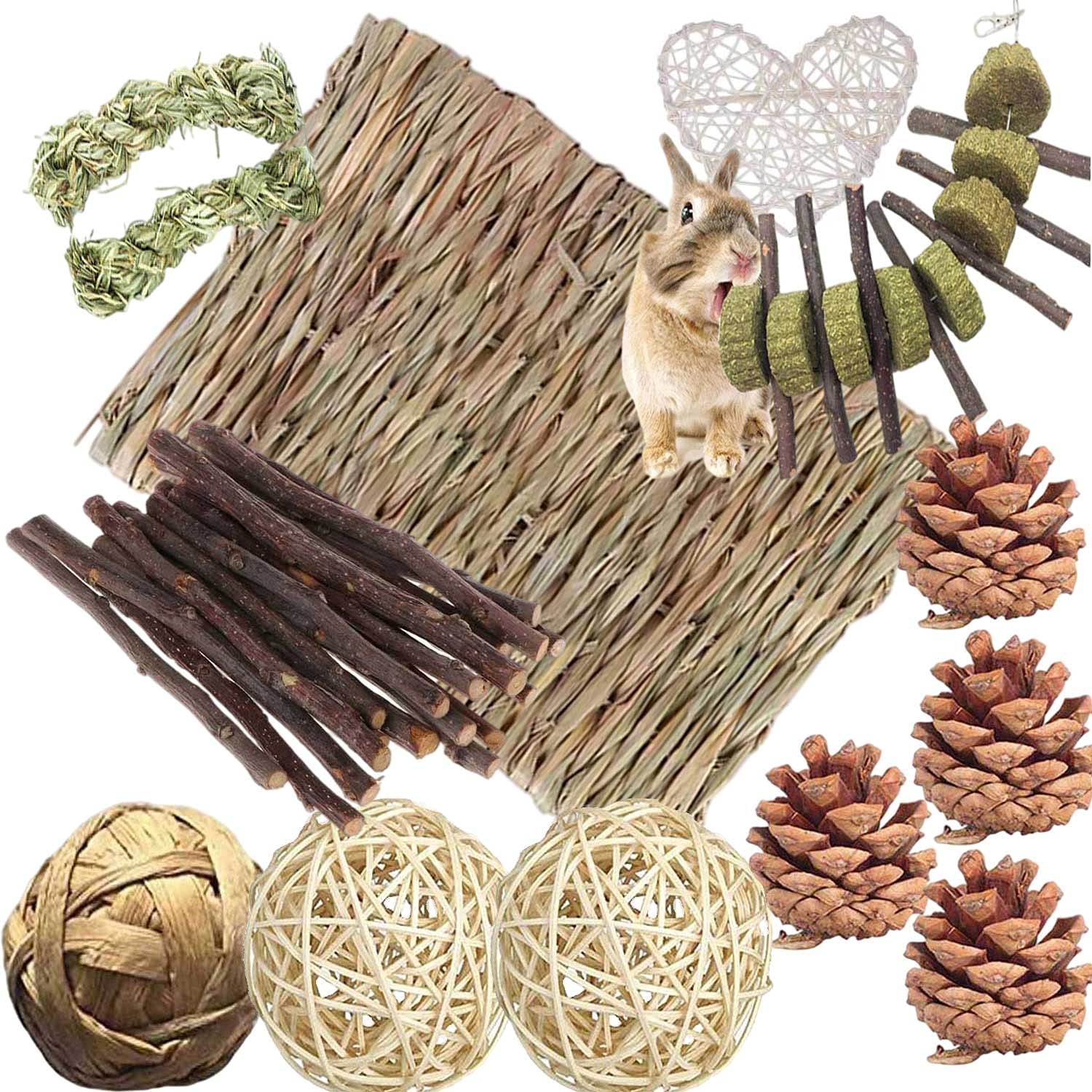 Bunny Hamsters Chew Toys Set, Straw Woven Bed Mat& Rabbit Pet Tooth Organic Natural Apple Wood Grass Cake Ideal for Chinchilla, 