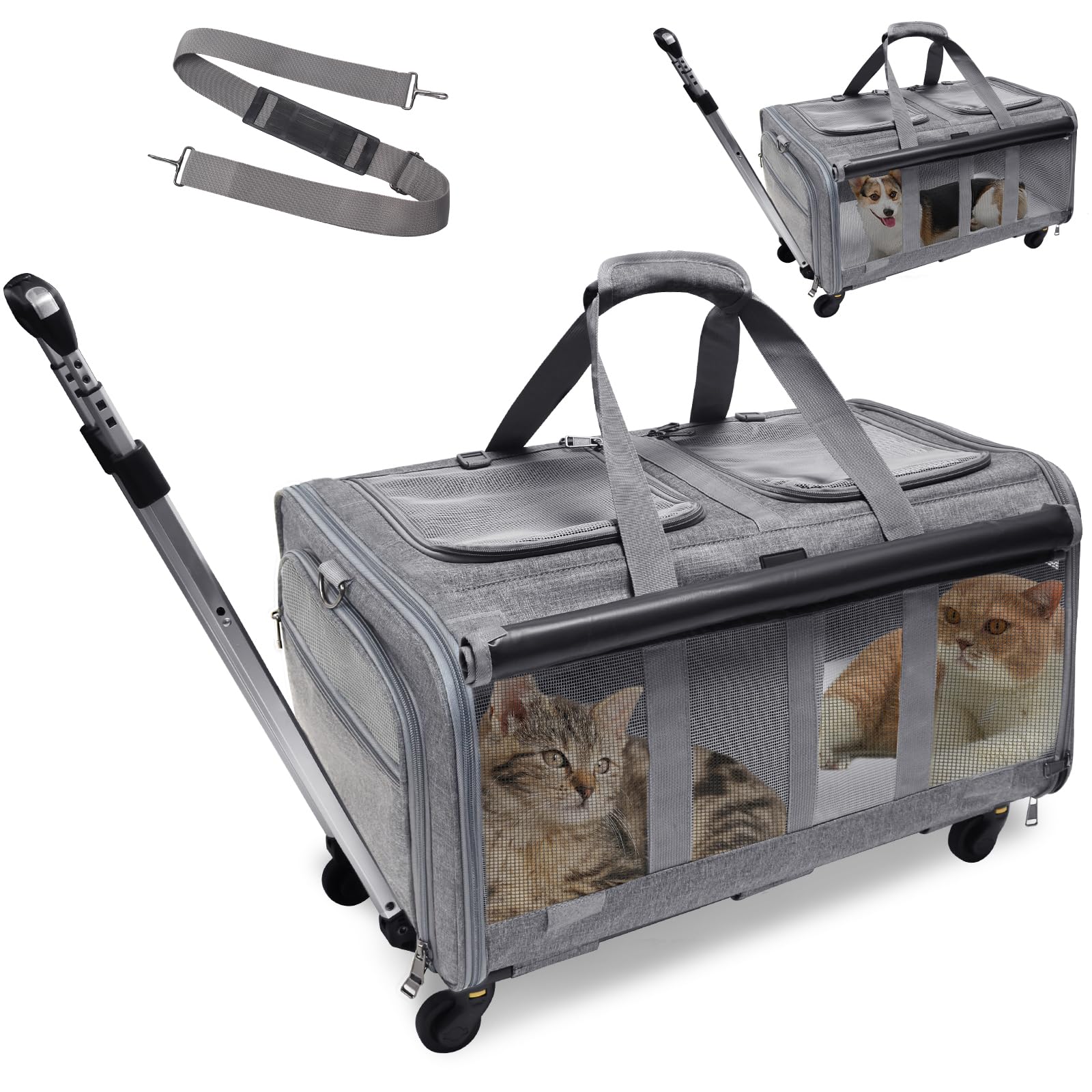Gjease Cat Rolling Carrier For 2 Cats,Double-Compartment Pet Rolling Carrier With Wheels For 2 Pets,For Up To 35 Lbs,Super Ventilated Design,Ideal For Traveling/Hiking/Camping