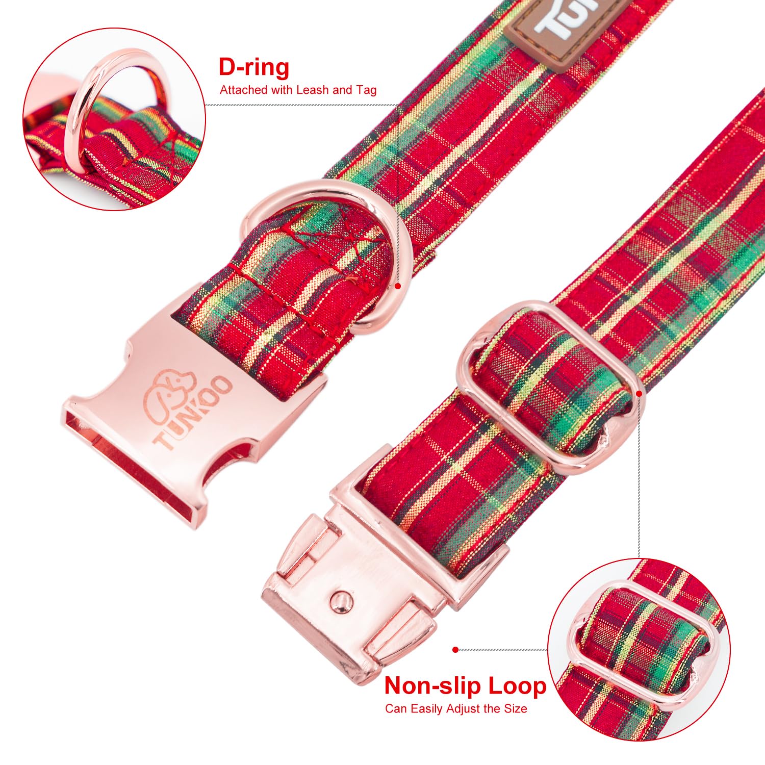 Tunkoo Dog Collar Christmas Shiny Plaid With Bow Tie, Rose Gold Metal Buckle Durable Adjustable Dog Collars - For Small Medium L