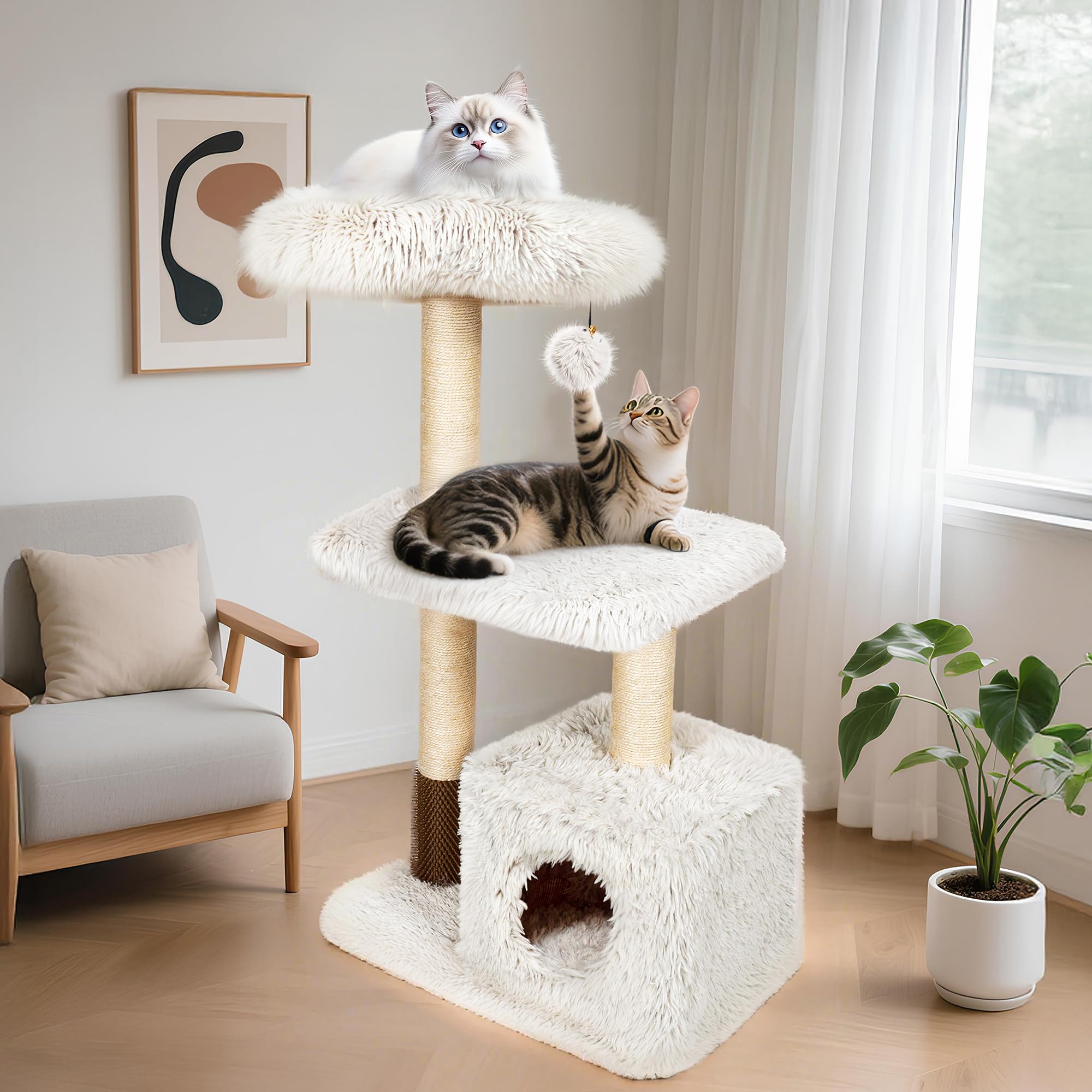 Kamaboko 41'' Tall Cat Tree - Wooden Cat Trees Tower With Cat Condo, Hammock & Top Perch, Modern Tall Cat-Tree W/Natural Sisal P