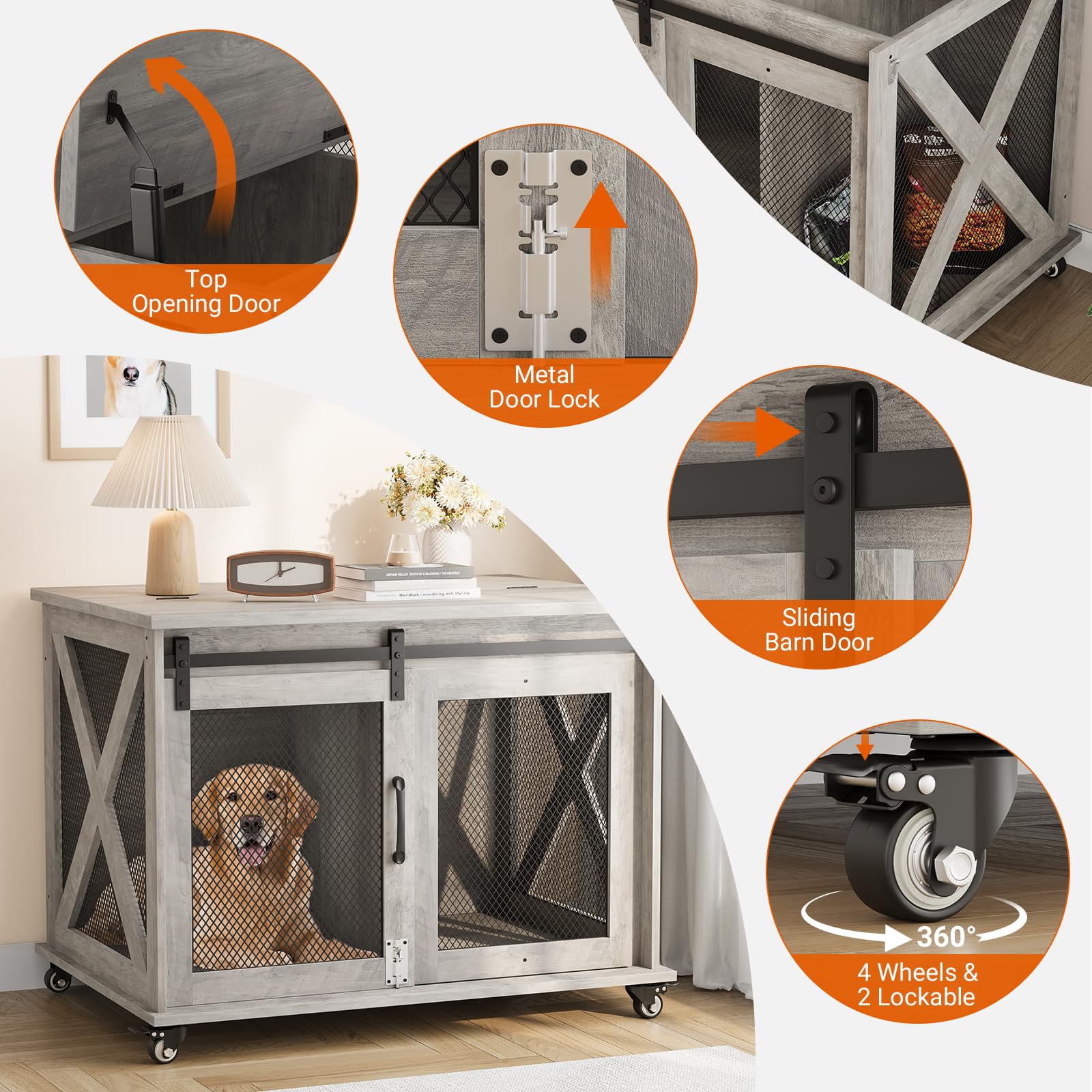 Idealhouse 37'Dog Cage, Farmhouse Dog Crate Furniture With Sliding Barn Door, Flip Top Wooden Dog Kennel End Table With Wheels