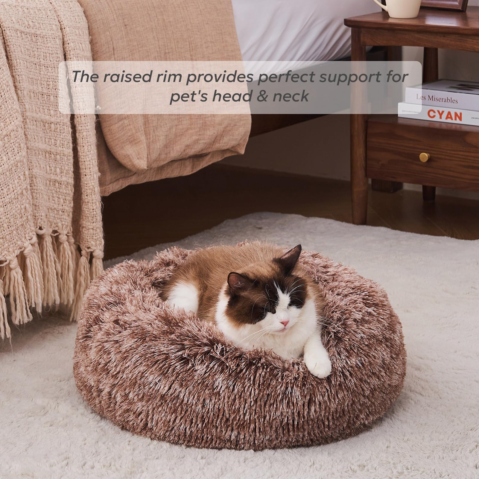 Olaphum Calming Cat Beds For Indoor Cats, Extra Small Dog Bed Washable, Anti-Anxiety Donut Fluffy Plush Faux Fur Pet Bed, Fits U