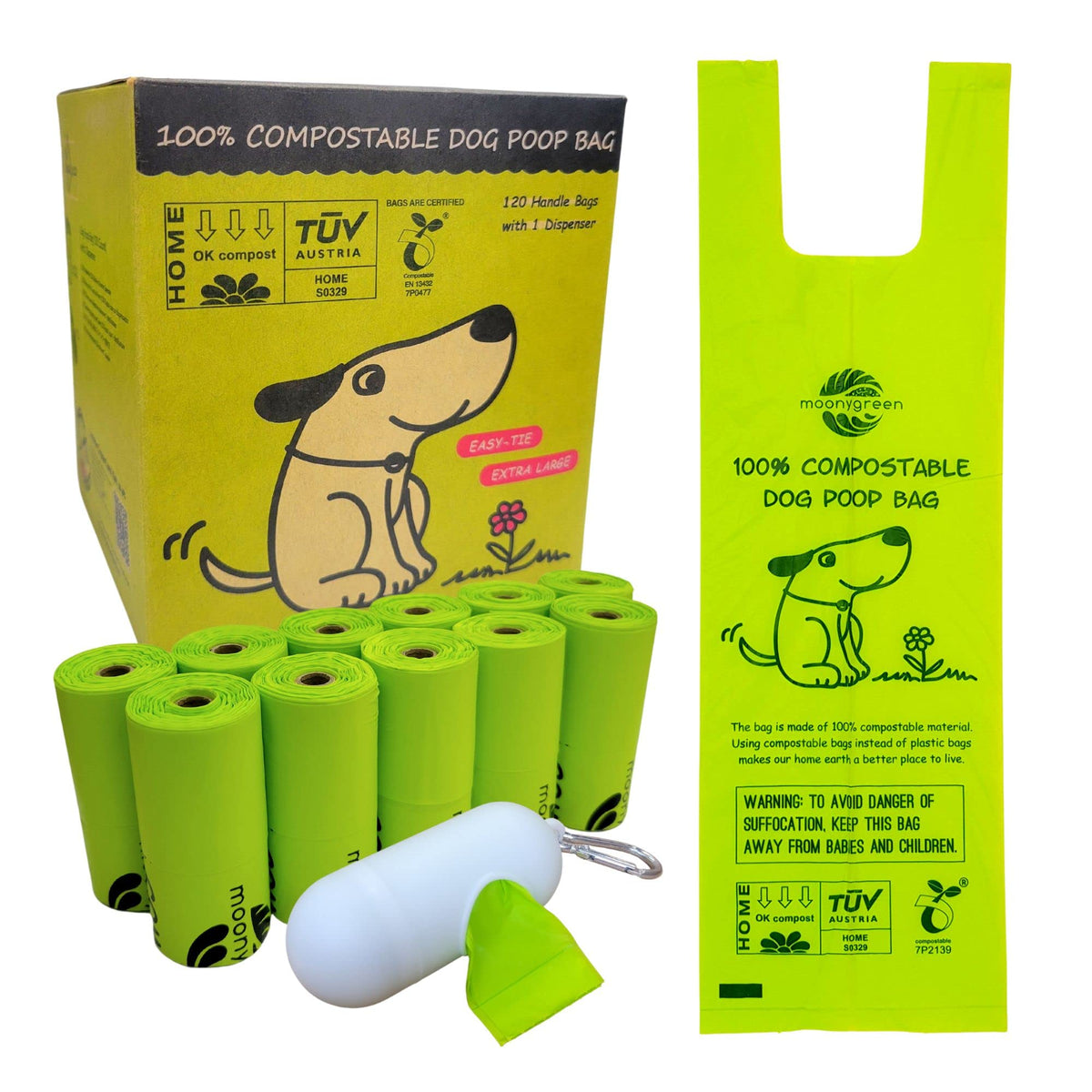 Moonygreen Dog Poop Bag, Compostable Dog Poop Bags, Doggied Poop Bags, Eco-Friendly, Unscented, Vegetable-Based, Extra Thick, Leak Proof, For Dogs And Cat Scoops, 120 Counts With Holder