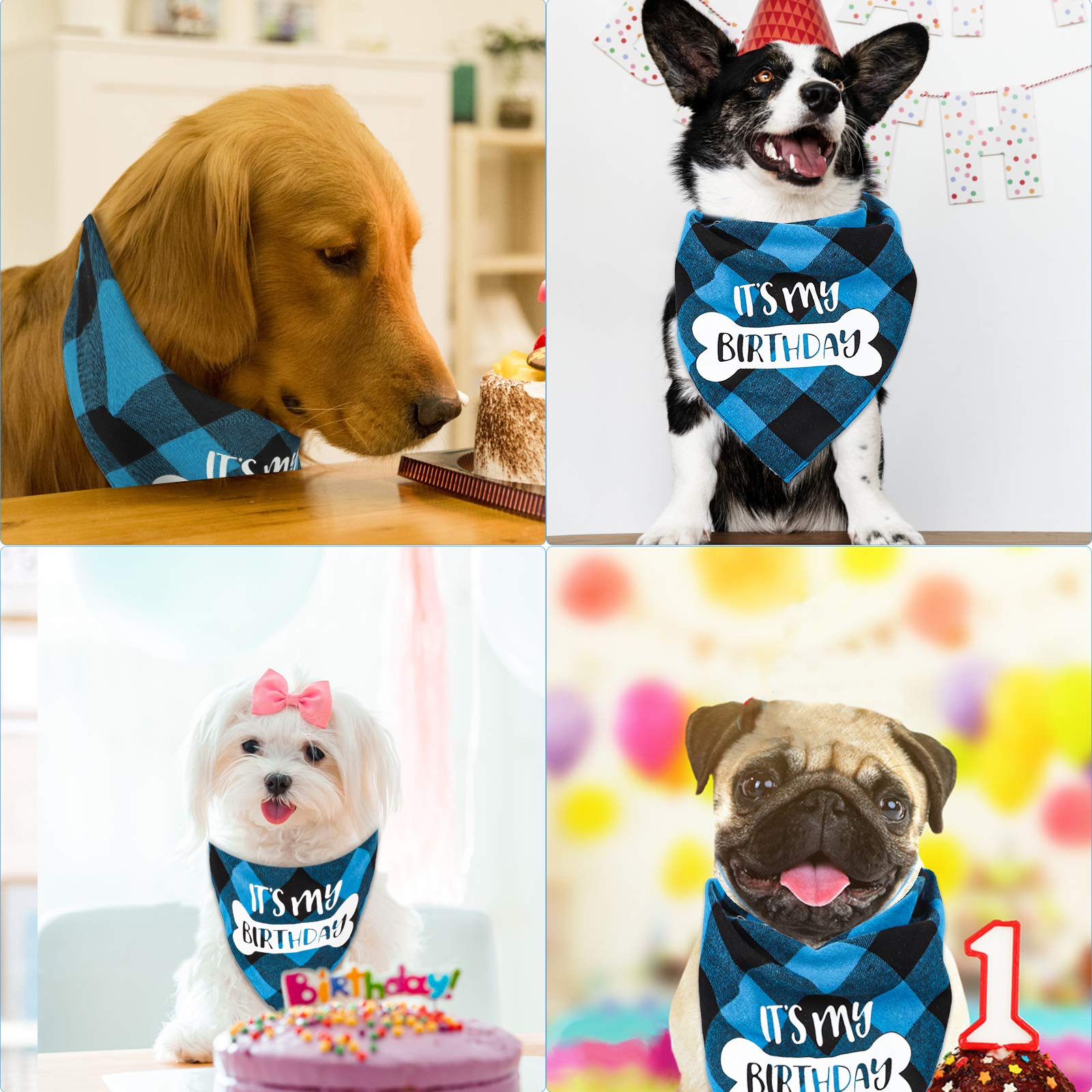 Vipith Double Sided Cotton Dog Birthday Bandana Girl Boy, Washable Reversible Plaid Painting Dog Scarf Bibs For Small Medium Lar