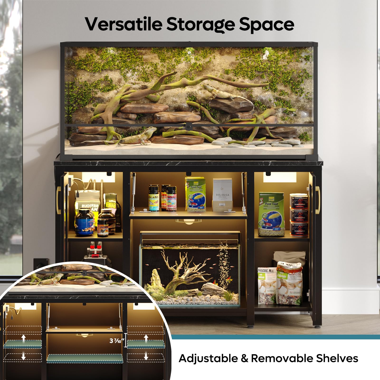 Bestier 55-75 Gallon Fish Tank Stand with Power Outlet & LED Light, 49.2x19.2 Heavy-Duty Aquarium Stand with Storage, Dual Glass