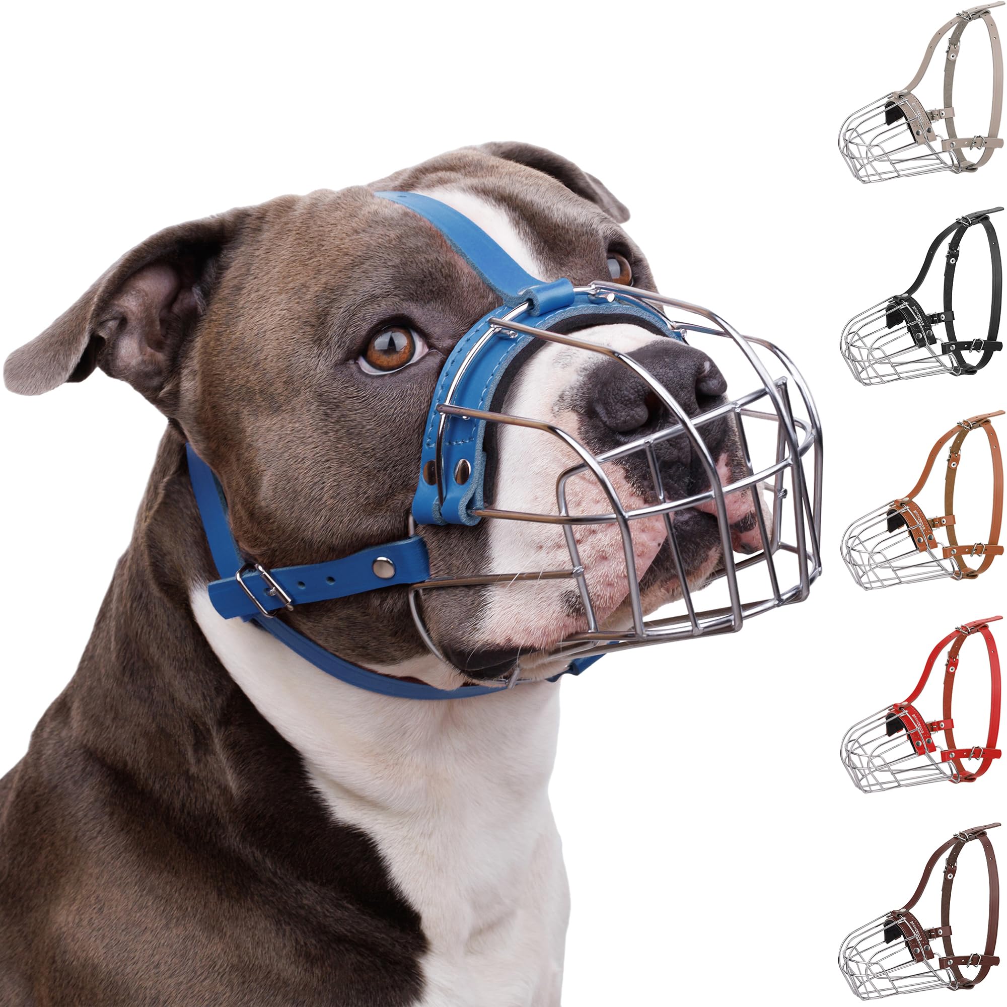 Bronzedog Pitbull Dog Muzzle Breathable Metal Basket For Large Dogs Amstaff Staffordshire Terrier Biting Chewing Barking (Leathe