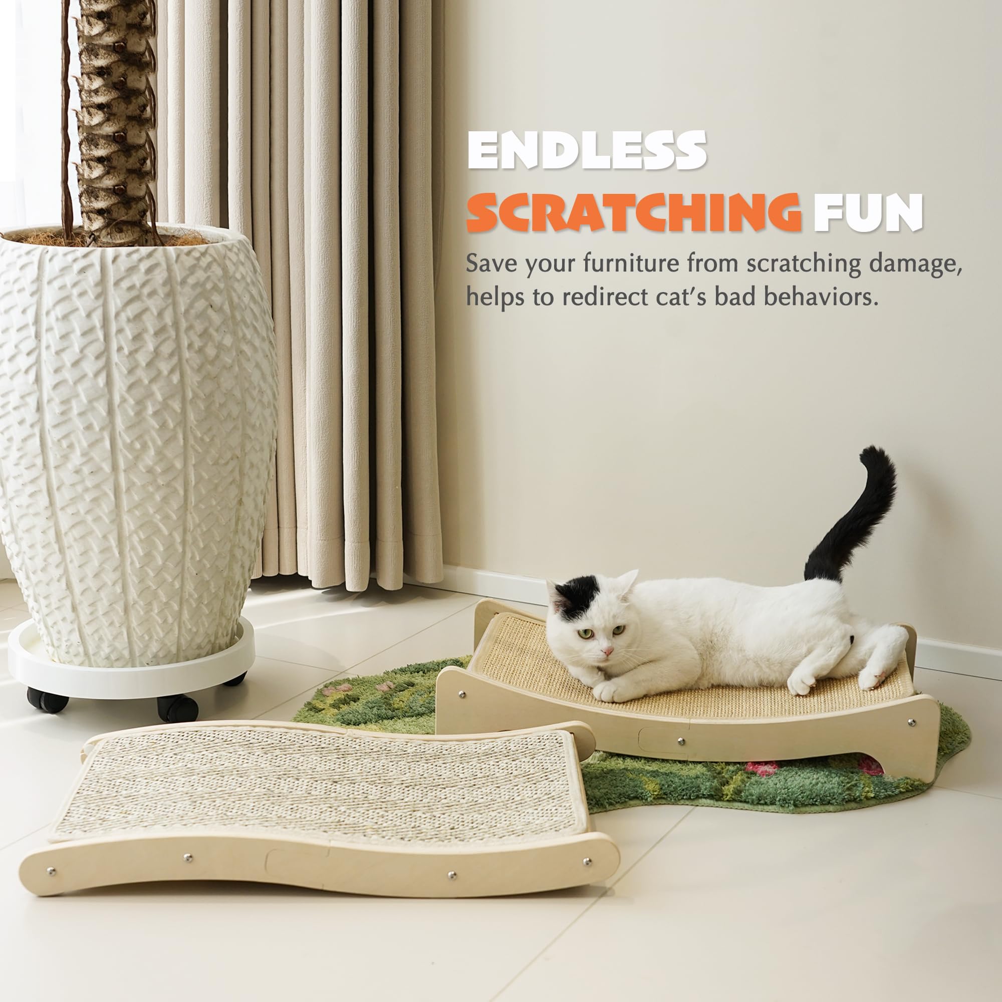 Petkaray Sisal Cat Scratching Board, Curved Sisal Cat Scratcher, Large Indoor Kitty Scratch Pad, Heavy Duty Wave Lounge Bed For