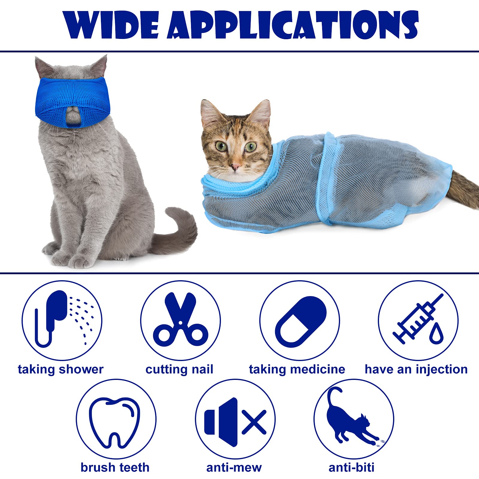 5 Pieces Cat Bathing Bag Set Cat Grooming Bag Adjustable Pet Shower Net Bag Cat Muzzles Anti-Bite Anti-Scratch Nail Clipper Tick Remover Tool Massage Brush For Pet Bathing Cleaning Trimming (Blue)