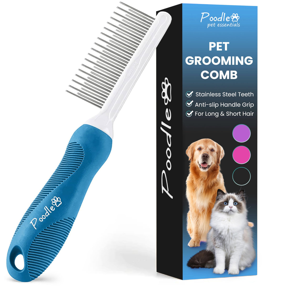 Poodle Grooming Comb - Metal Dematting Comb With Long & Short Stainless Steel Teeth For Removing Matted Hair & Knots, Safe And Gentle For Dogs & Cats