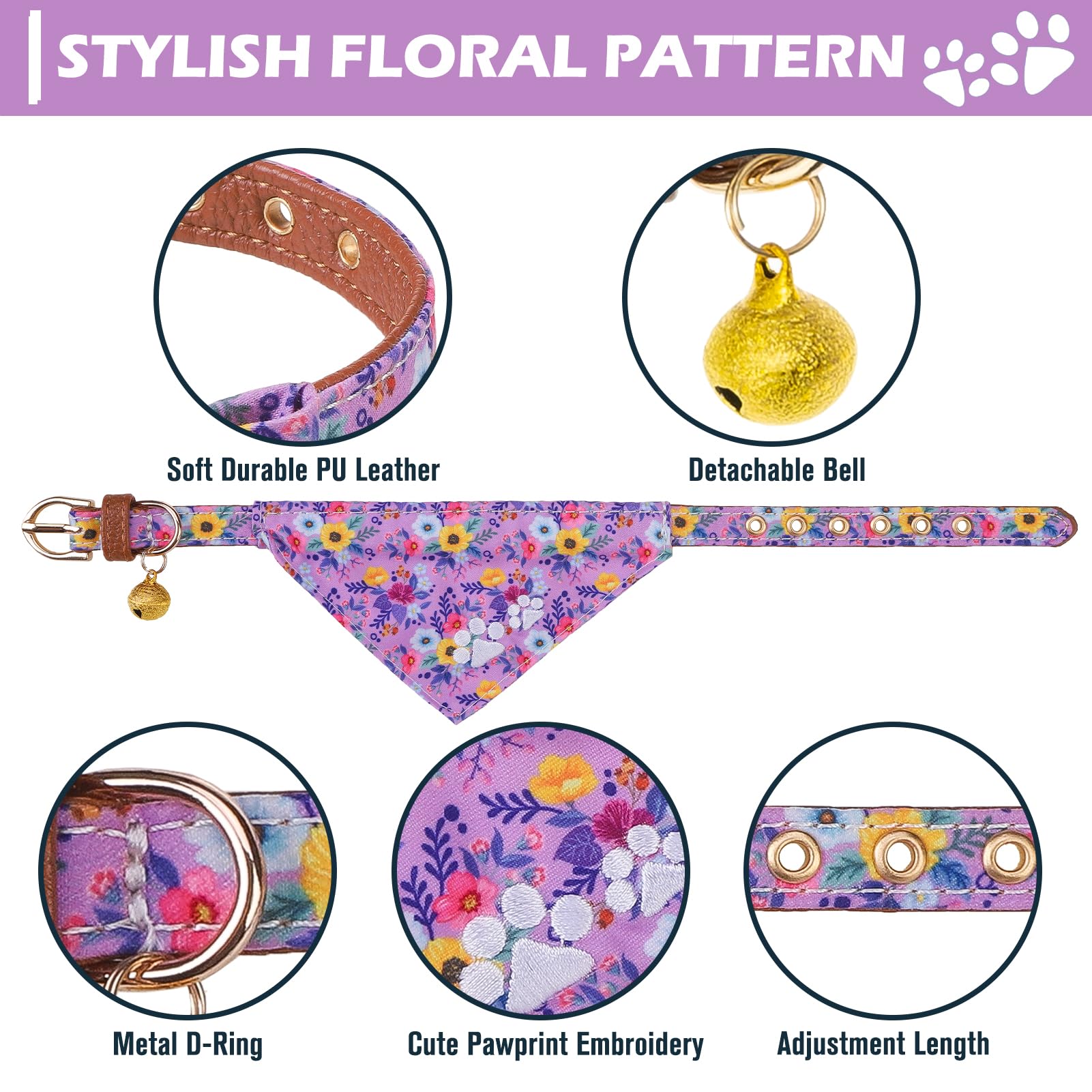 Expawlorer Puppy Collar And Leash Set - Embroidery Floral Dog Collar And Dog Leash Set, Cute Flower Bow Tie And Bandana Dog Coll