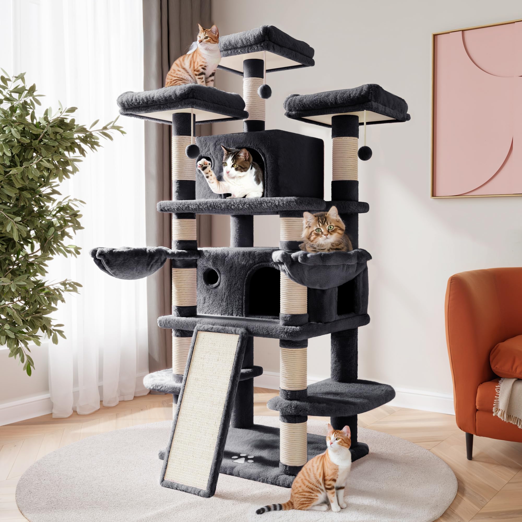 Sha Cerlin 68 Inches Multi-Level Large Cat Tree For Large Cats/Big Cat Tower With Cat Condo/Cozy Plush Cat Perches/Sisal Scratching Posts And Hammocks/Cat Activity Center, Dark Grey