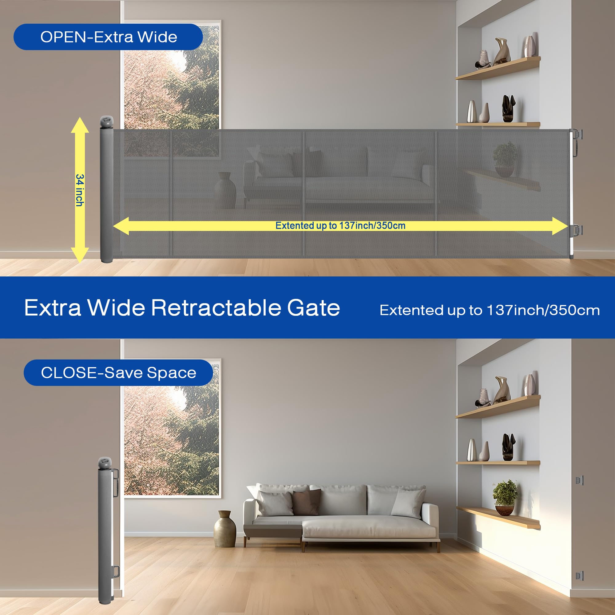 Retractable Dog Gates 137 Extra Wide Baby Gate with Reinforced Strip for Stair Indoor Outdoor, 34 Tall Retractable Mesh Pets and