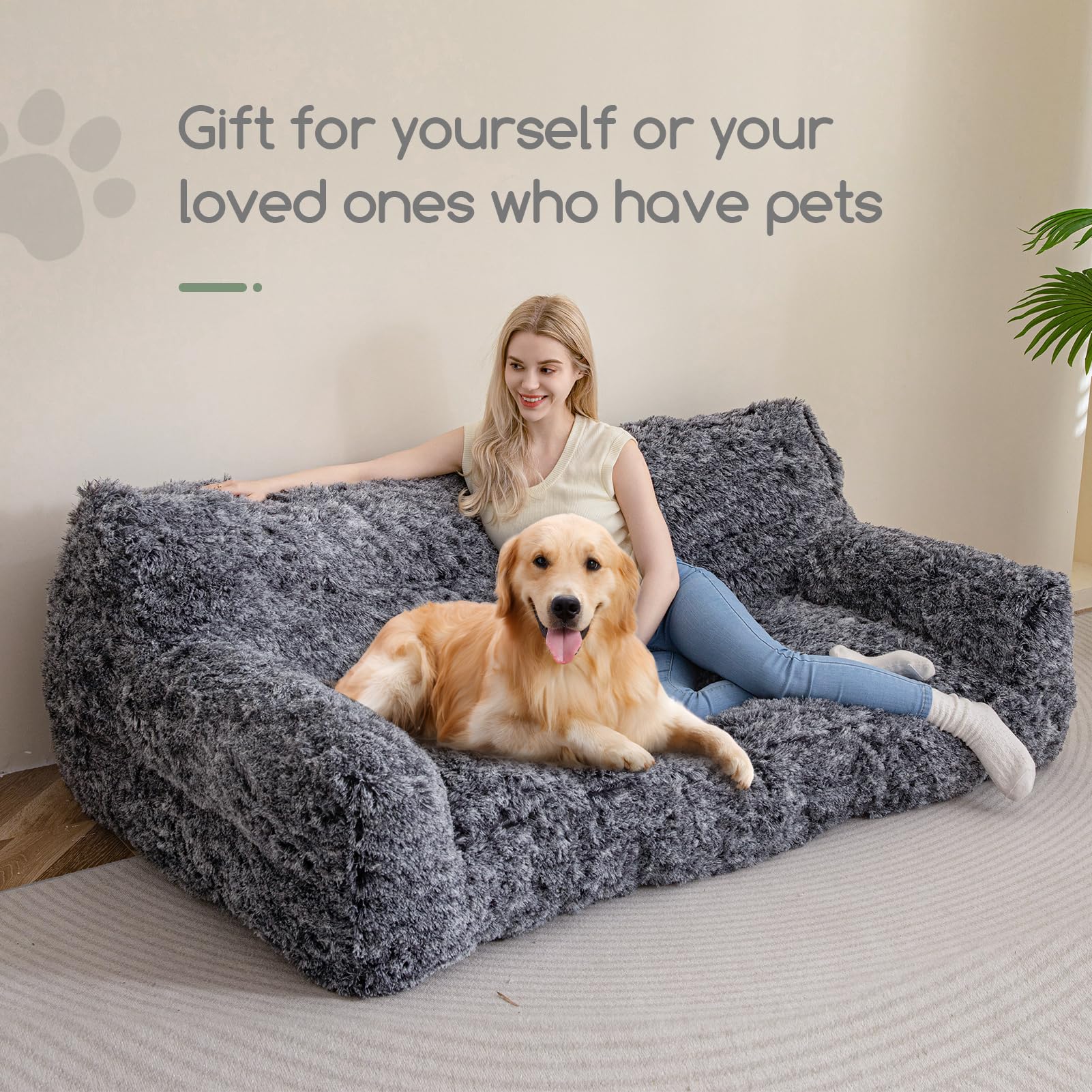 Higogogo Giant Human Dog Sofa Bed, Big Comfy Floor Sofa Couch For Pet Families With Foam Chunk Supportive Mat, Fluffy Faux Fur O