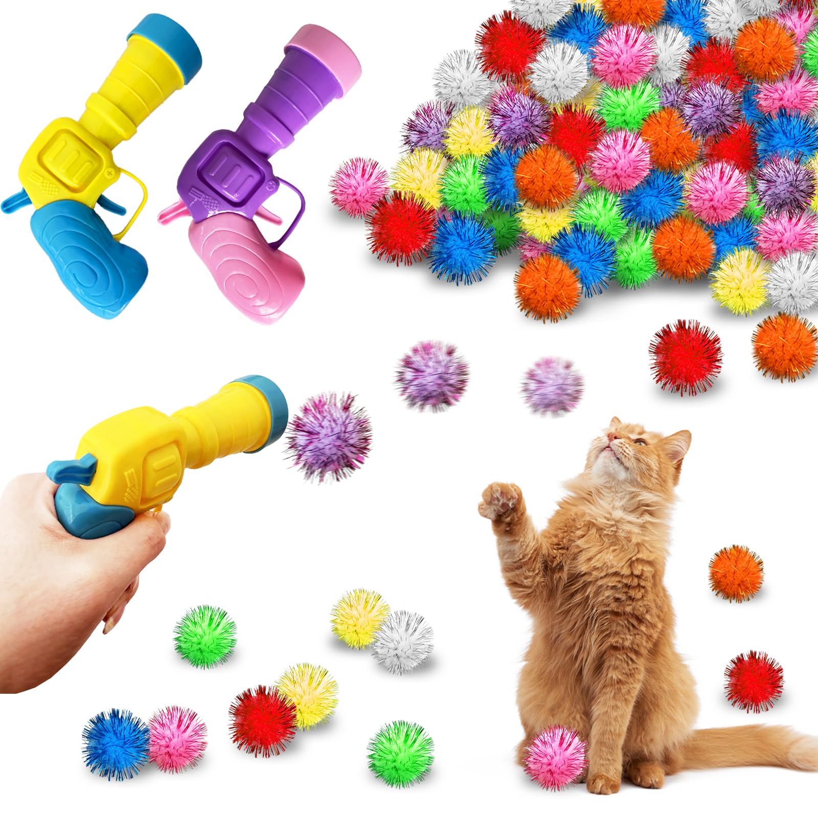 Eerrhhaq Cat Toy Balls With Launchers Set,2 Cat Toy Launchers & 100 Glitter Cat Pom Pom Balls,Cat Fetch Toy Interactive Cat Toy 