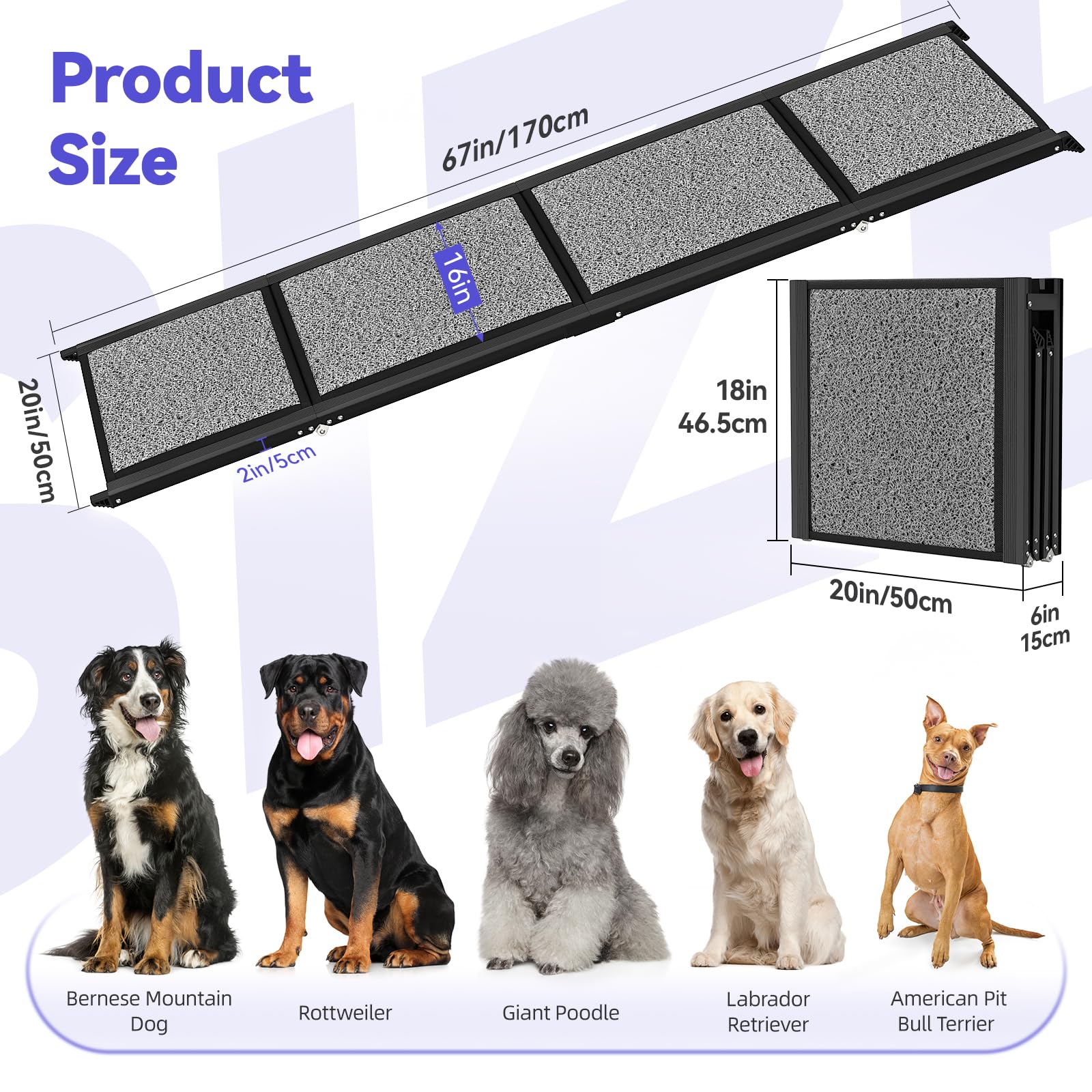 67'L & 20'W Portable Dog Ramp For Car - Extra Wide Pet Ramp Dog Ramps For Medium&Large Dogs With Non-Slip Rug Surface, Lightwe