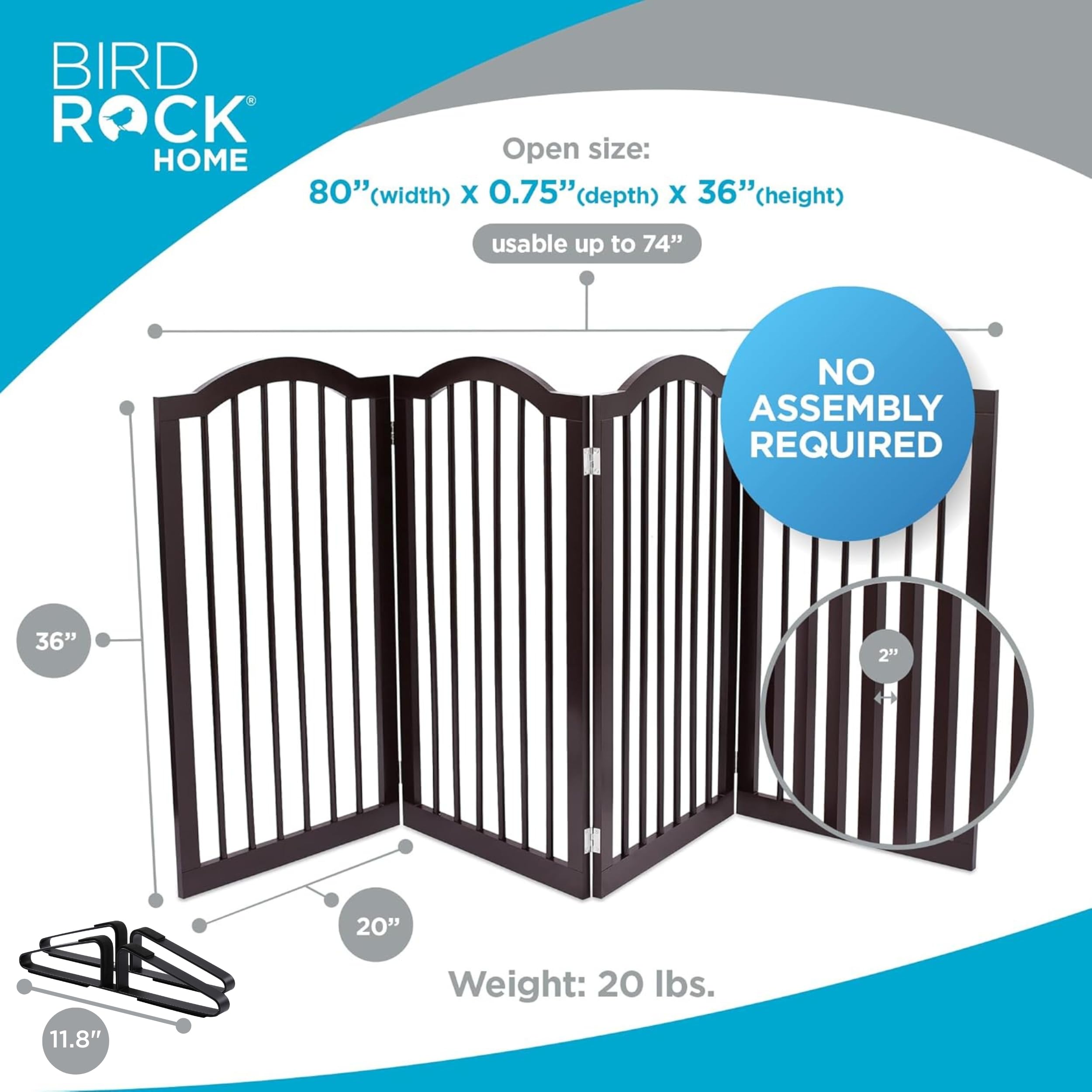 INTERNETS BEST Arched Top Dog Gate with Support Feet | 4 Panel, 36 H Wooden Pet Barrier for Dogs or Cats | Freestanding Folding