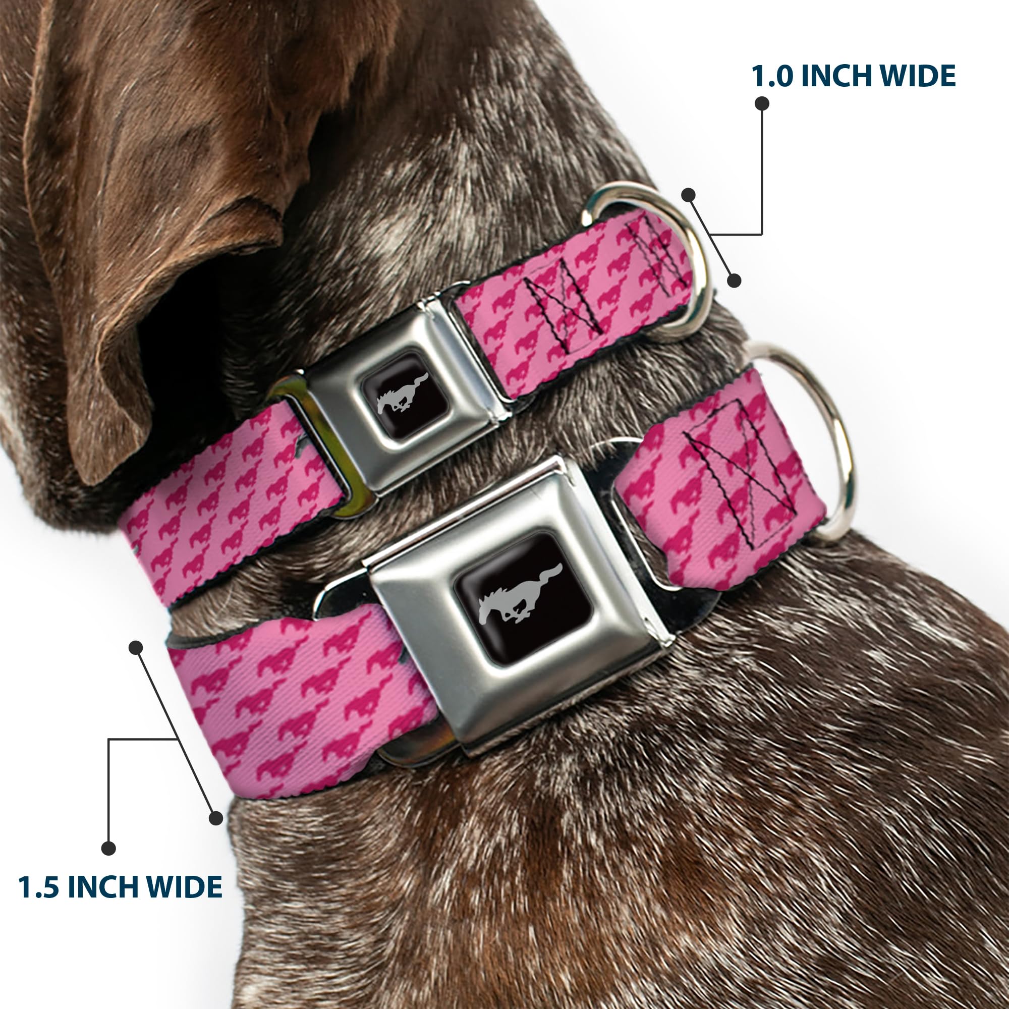 Buckle-Down Dog Collar Seatbelt Buckle Ford Mustang Bars Text Pink Logo Repeat 16 To 23 Inches 1.5 Inch Wide