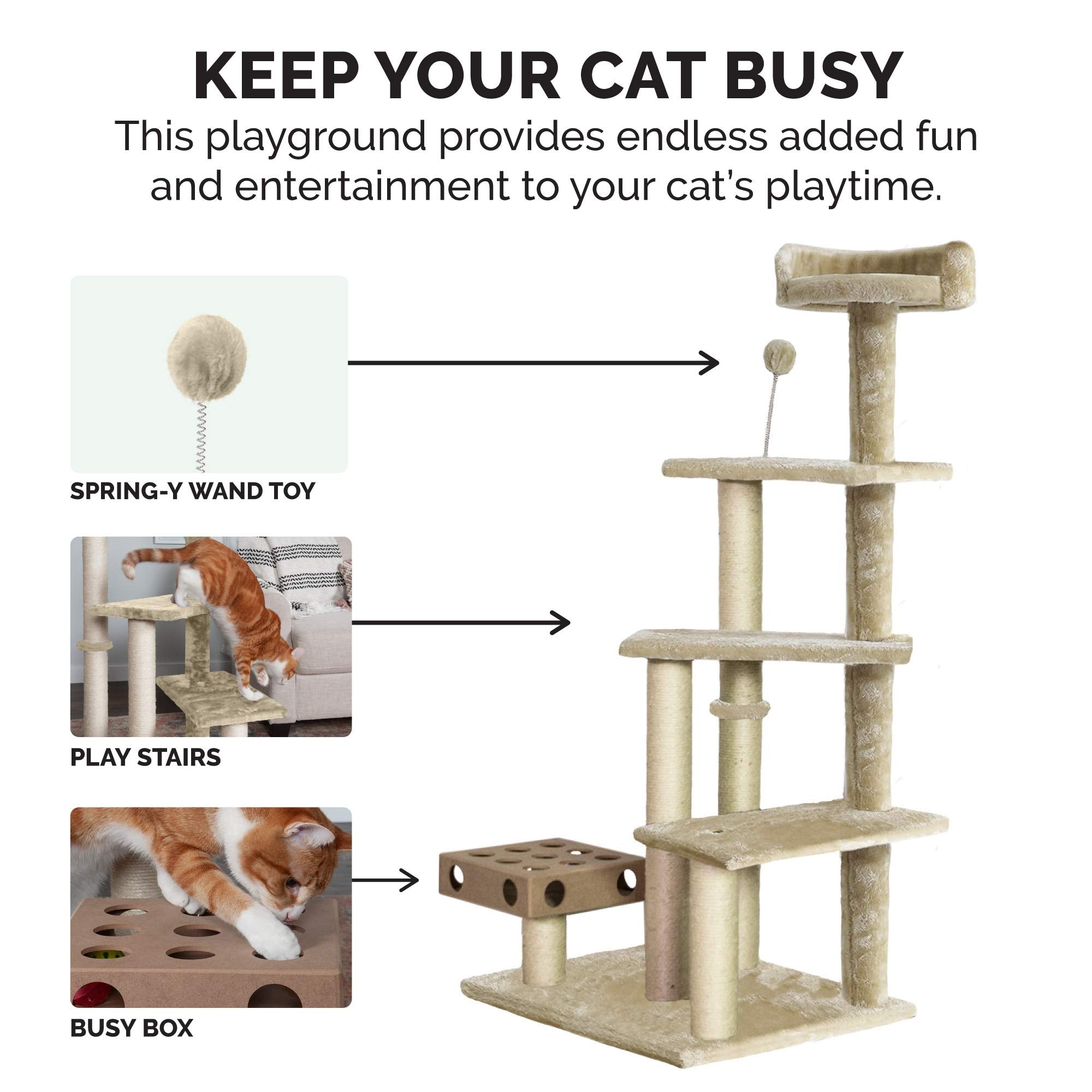 Furhaven 49.5 Tall Cat Tree for Indoor Cats, Ft. Sisal Scratching Posts, Plush Ball Toy, & Busy Box Toy - Tiger Tough Play Stair