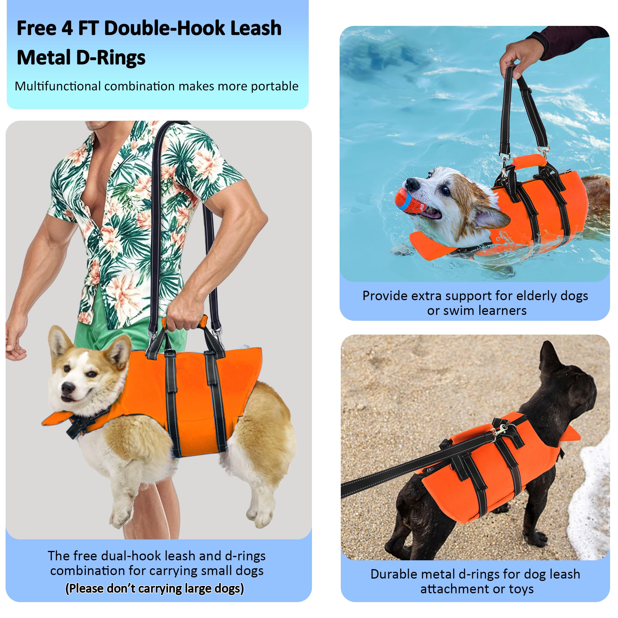 Petglad Dog Life Jacket With 4Ft Leash, Reflective Pet Life Vest With Zipper And Handle For Swimming Boating, Adjustable High Bu