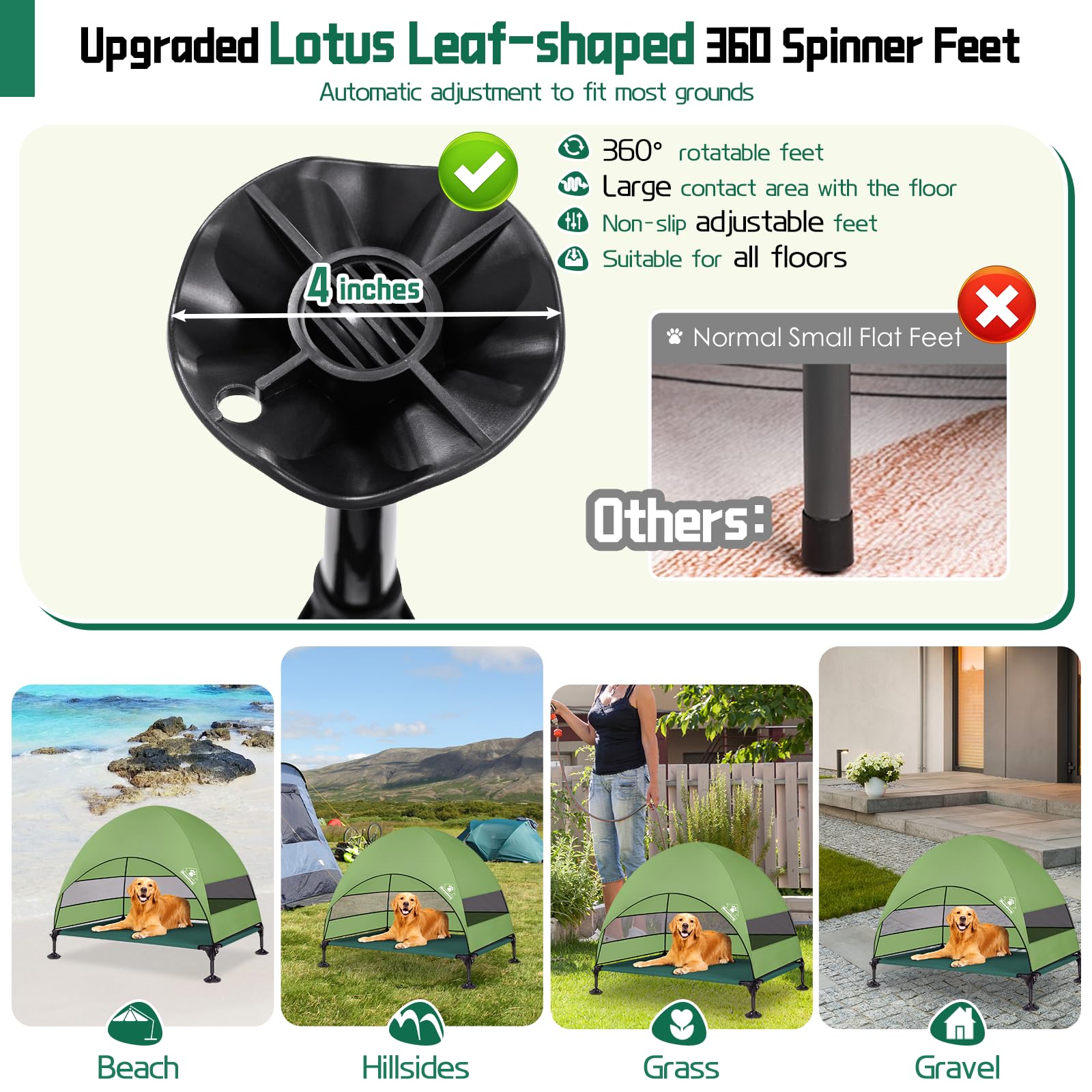 Elevated Outdoor Dog Bed With Canopy, Raised Dog Cot With Stable Adjustable Feet, Dog Camping Bed With Larger Shade, Lifted Dog