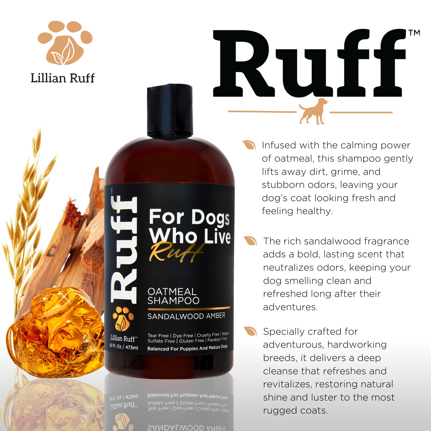 Ruff By Lillian Ruff Oatmeal Dog Shampoo | Sandalwood Amber | Professional Dog Shampoo With Aloe & Coconut Oil | Relieves Itchin
