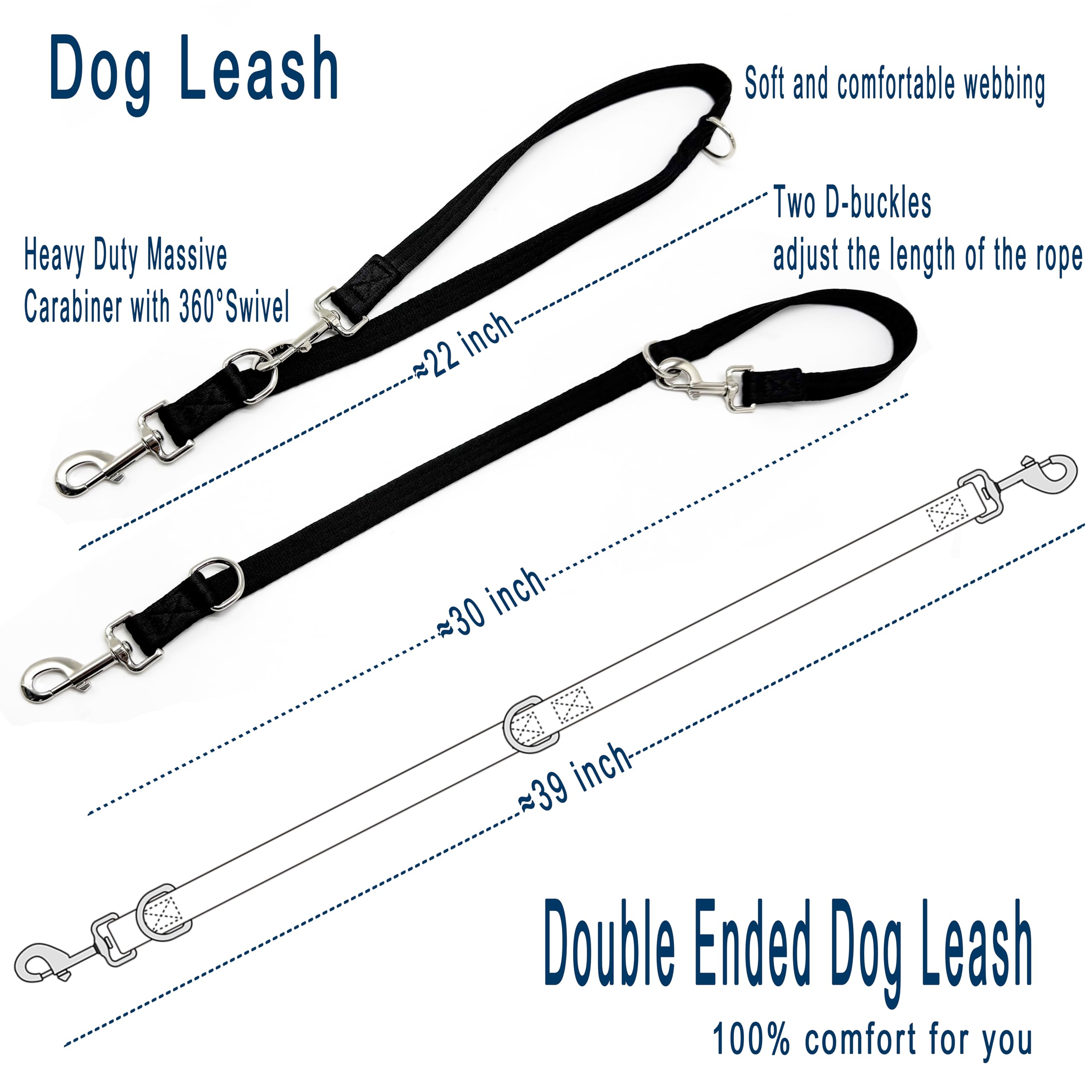 Double Ended Dog Leash,For Obedience Training Easy To Use,Lightweight,Soft For Large And Medium Dogs (Black, 1M*2.5Cm)