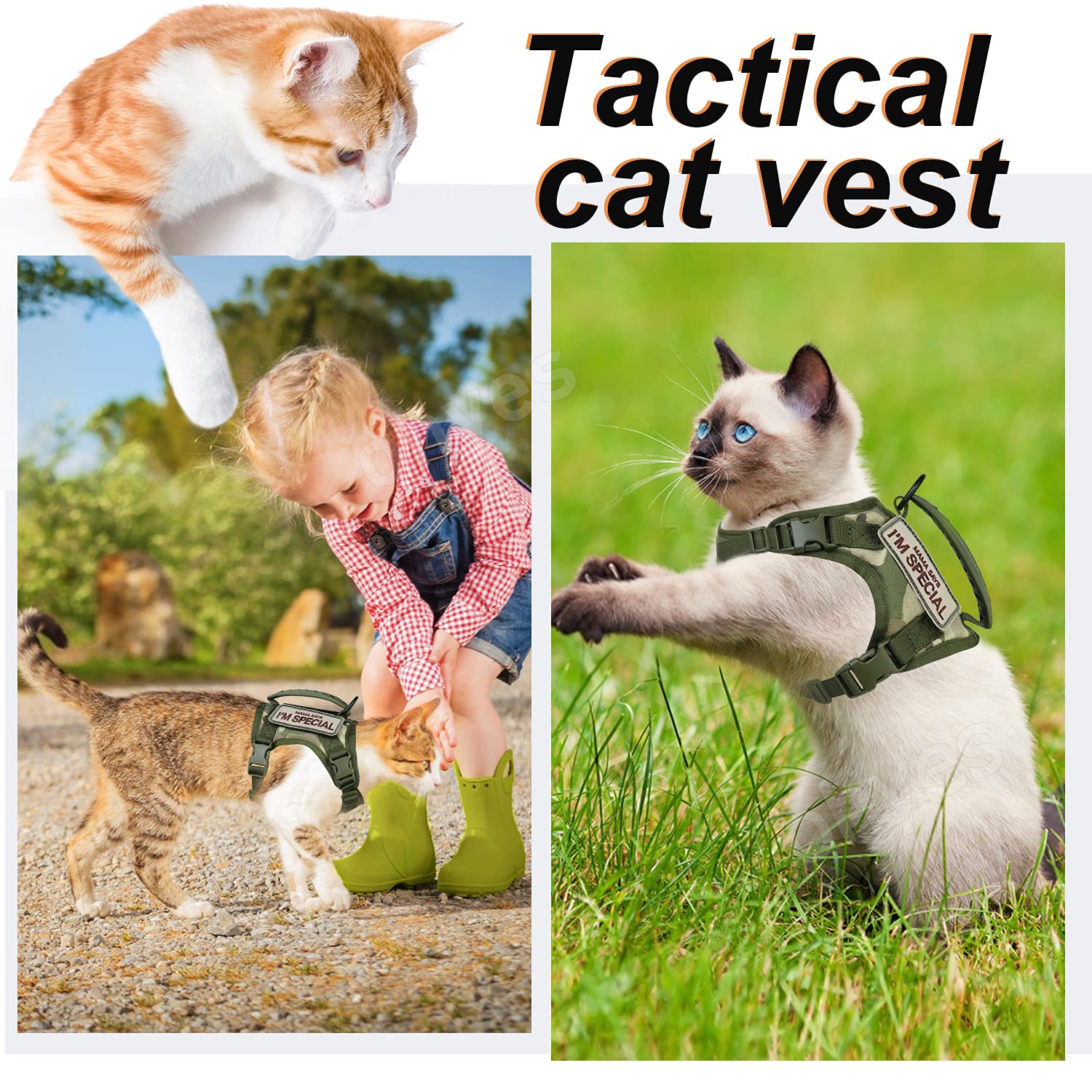 Tactical Cat Harness For Walking Escape Proof, Soft Mesh Adjustable Pet Vest Harness For Large Cat,Small Dog (L, A-Green)