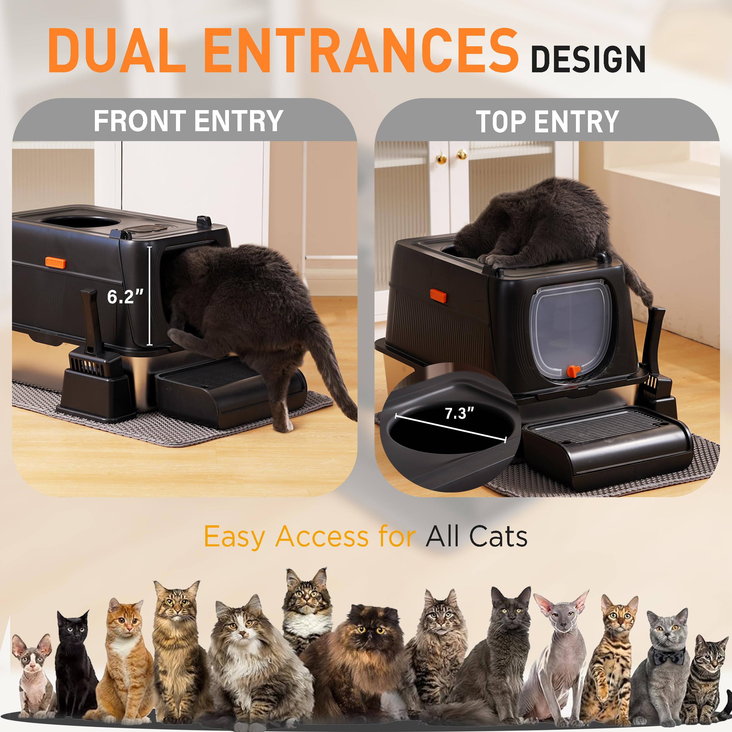 Citylife Stainless Steel Cat Litter Box with Lid, Front & Top Entry Extra Large Metal Kitty Litter Box Enclosure with Scoop & Do