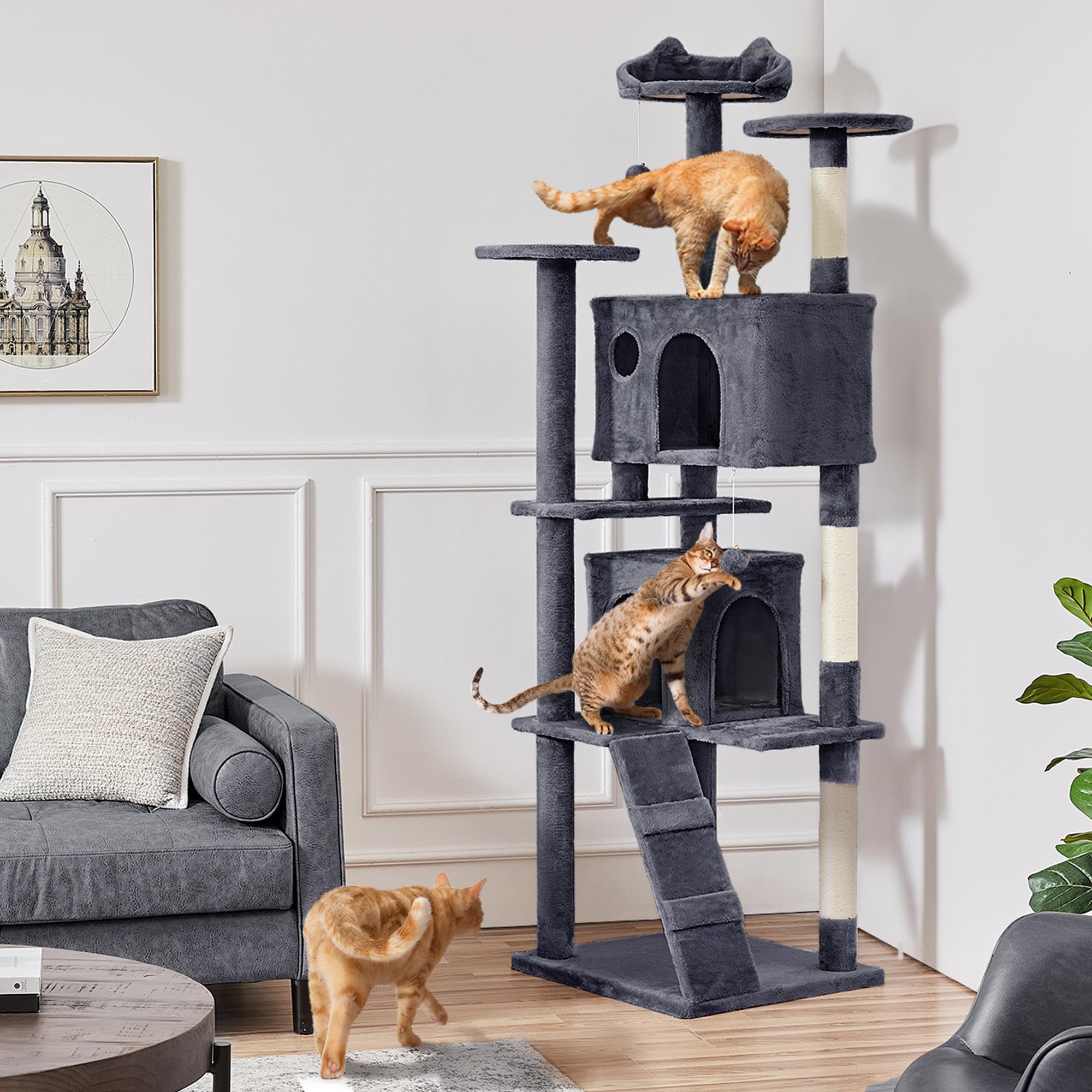 Yaheetech Xl Cat Tree, 80In Multi-Level Tower With Scratching Posts, Double Caves, Perched Platforms And Dangling Balls, Stand H