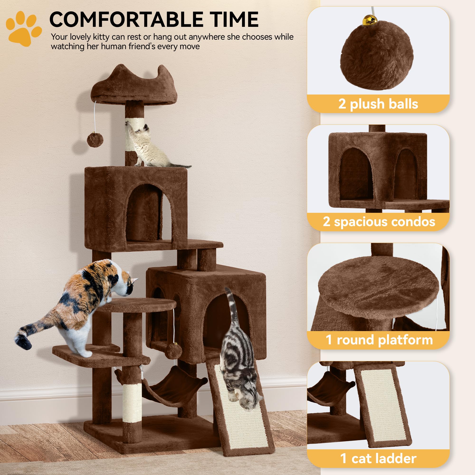 Yitahome 54In Cat Tree Tower Condo, Multi-Level With Sisal Scratching Post, Cat Condos, Plush Top Perches, Hammock, Space Saving