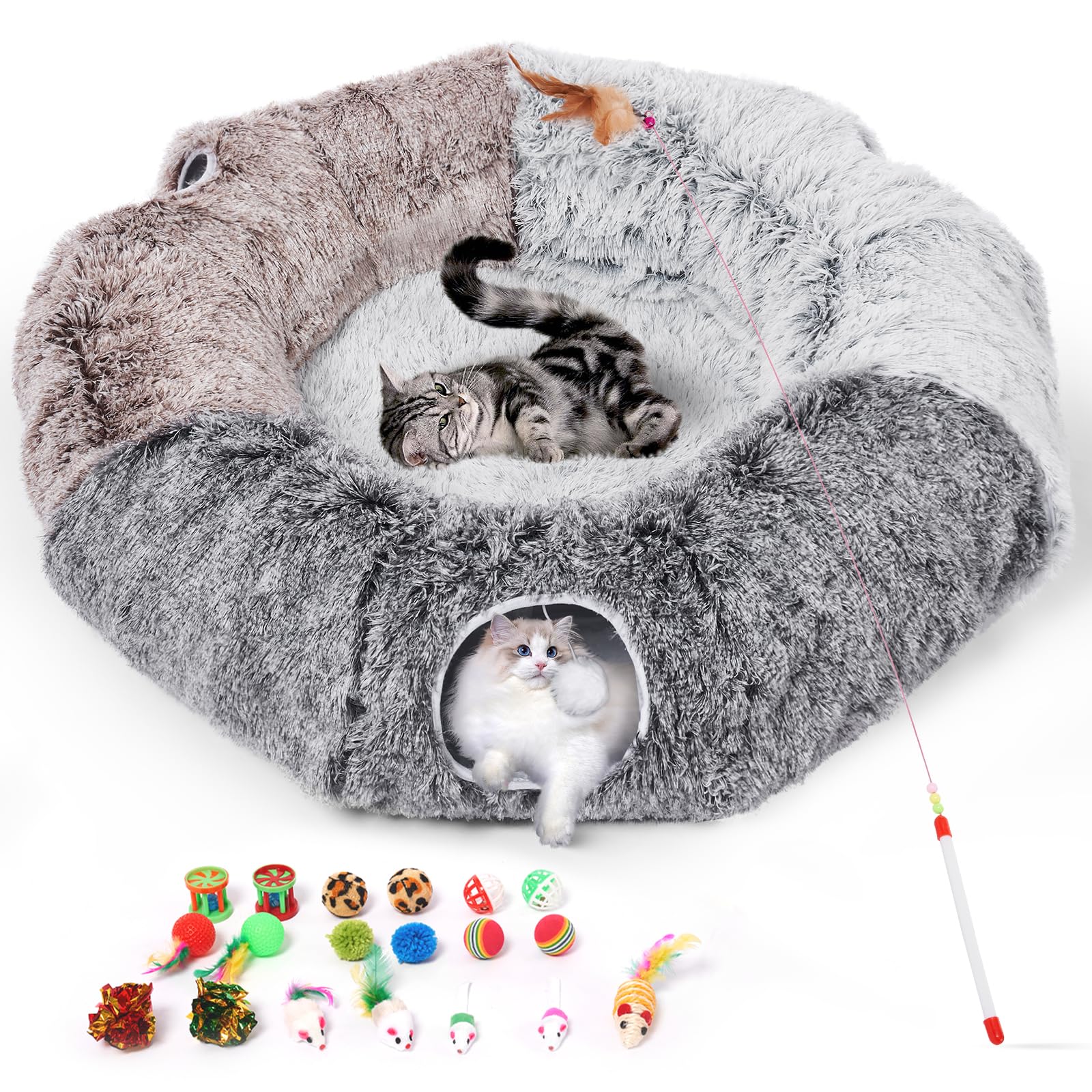 Odoland Large Cat Tunnel And Fluffy Bed - Indoor Detachable Cave With 20 Toys, Donut Tunnel And Variety Kitten Toy Set For Chewi