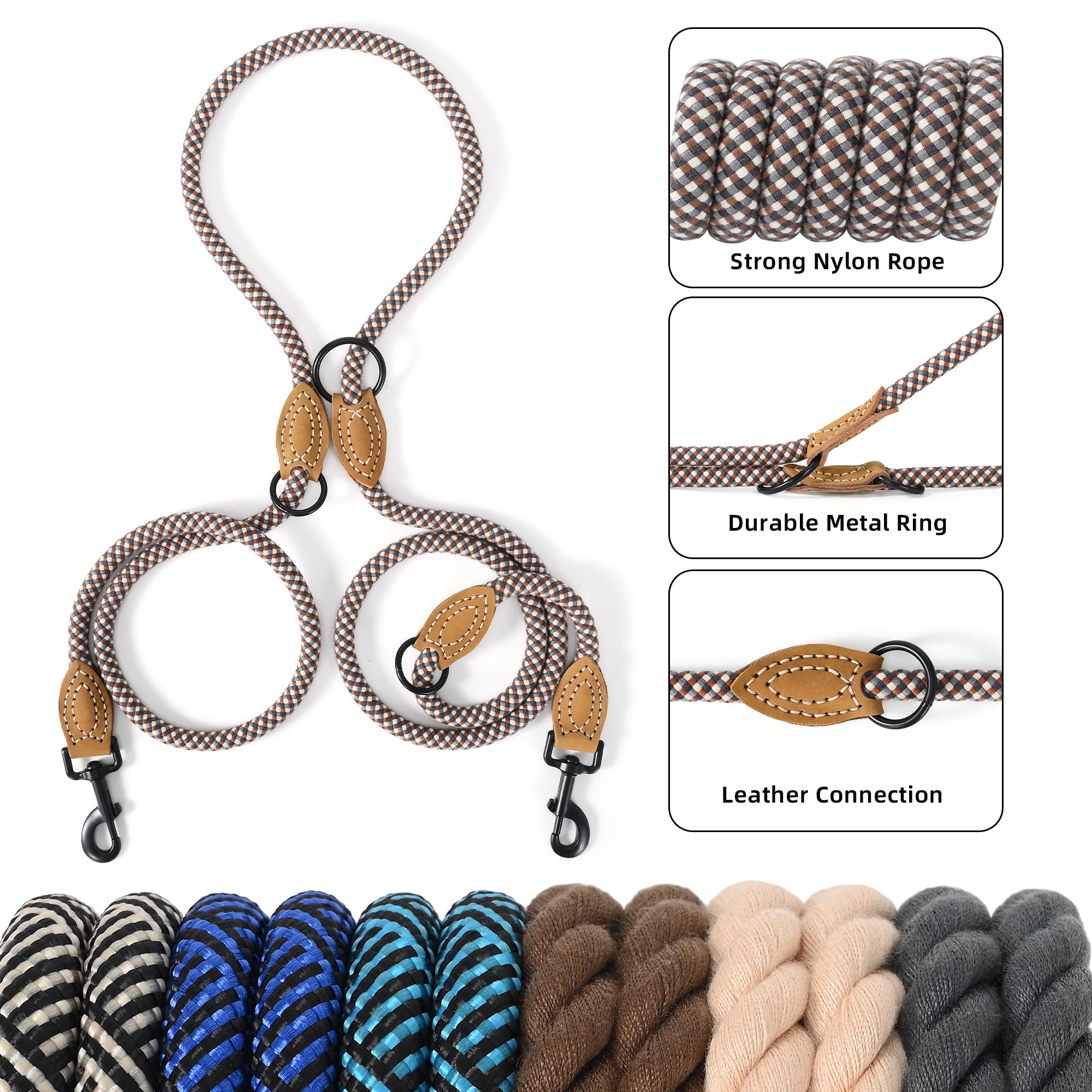 Mile High Life Dual Dog Leash - Double, Hands Free, 360 Swivel, Leather Tailored Connection, Brown, 8Ft