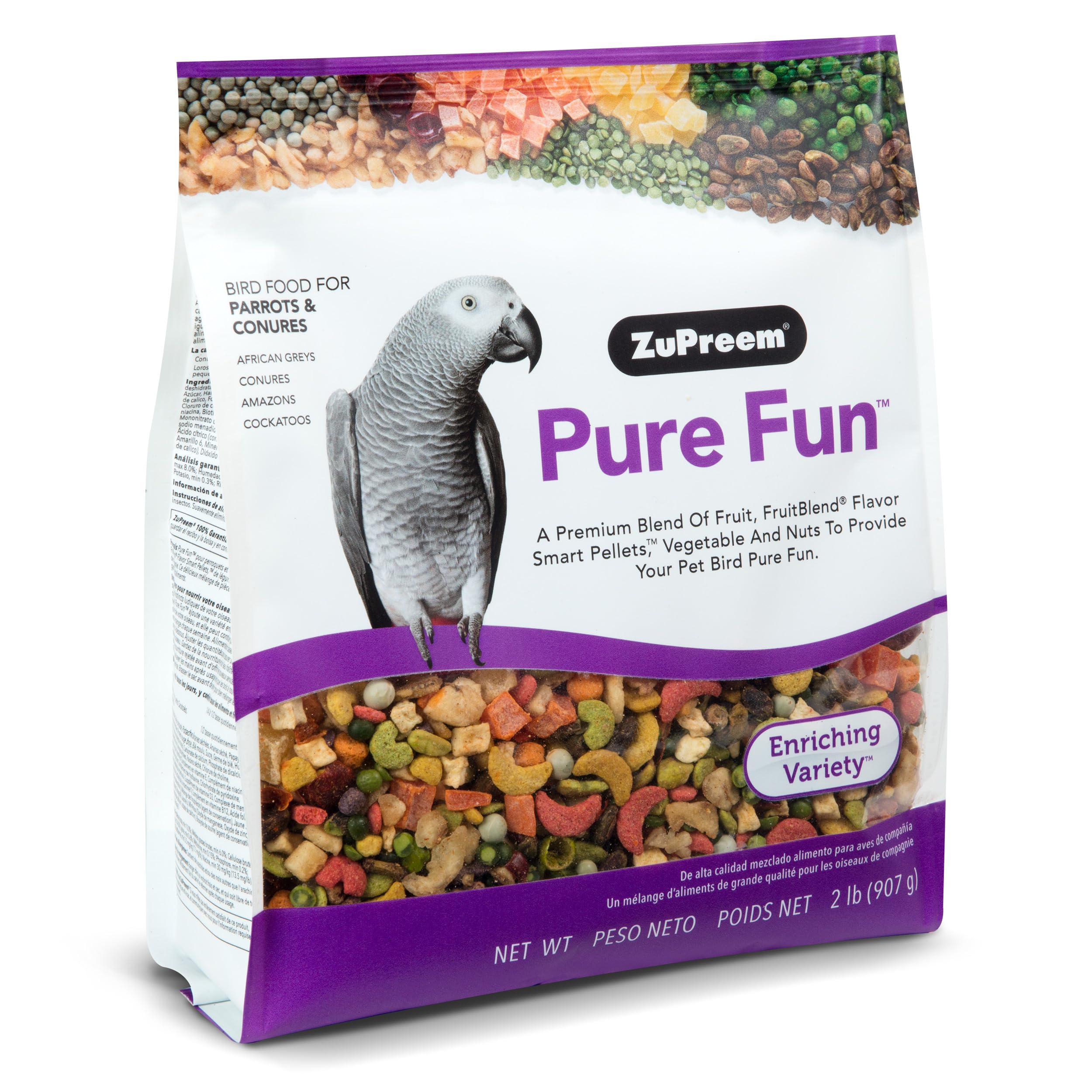 ZuPreem Pure Fun Bird Food, Parrot, Conure, Caique, African Grey, Eclectus, Small Cockatoo, Seed and Pellet Blend for Medium Lar