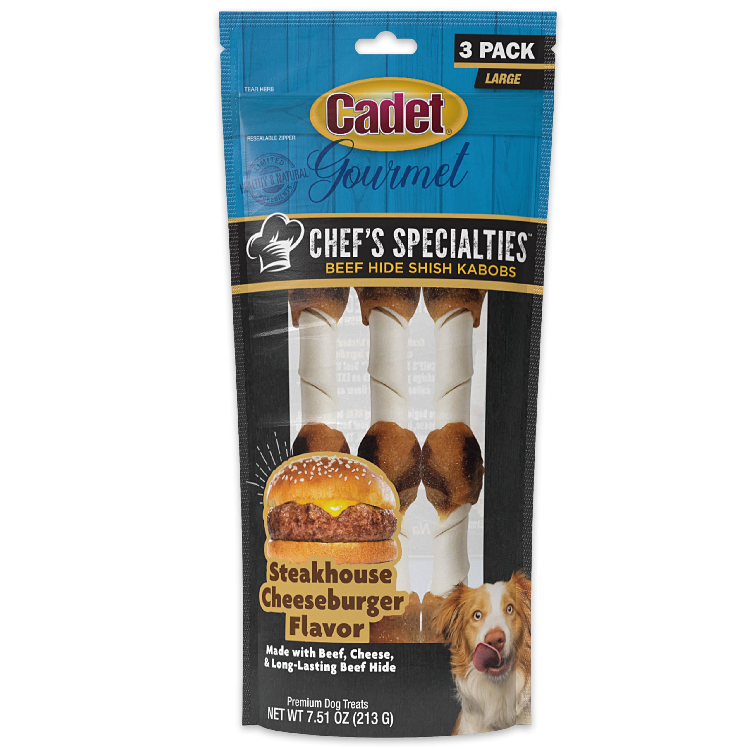 Cadet Chefs Specialties Natural Rawhide Shish Kabob Chew Sticks, Steakhouse Cheeseburger Flavor, Healthy Dog Treats for Large B