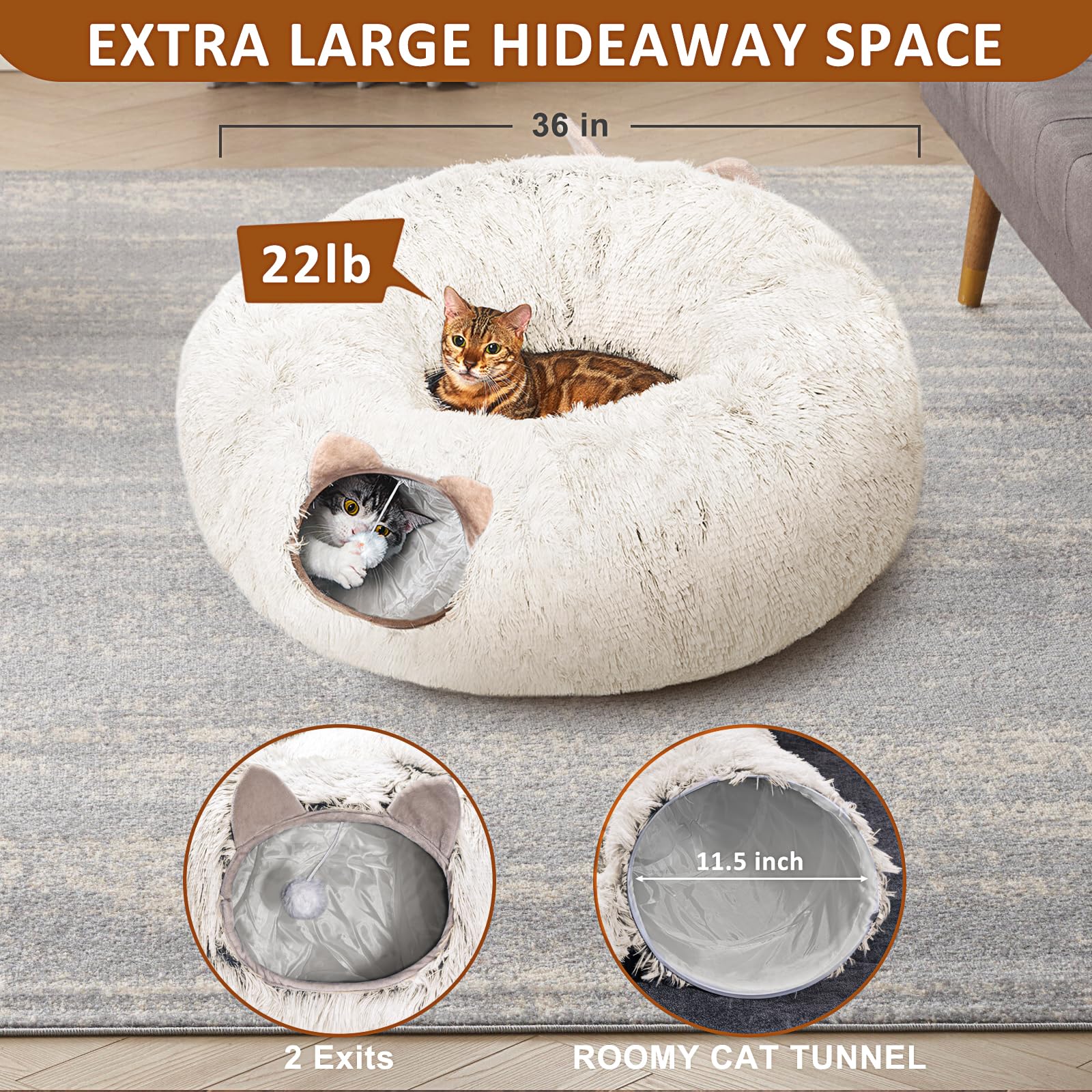 Nezin Cat Tunnel With Cat Bed For Indoor Cats, Multifunctional Donut Tunnel Playground Toys For Cats Kitten