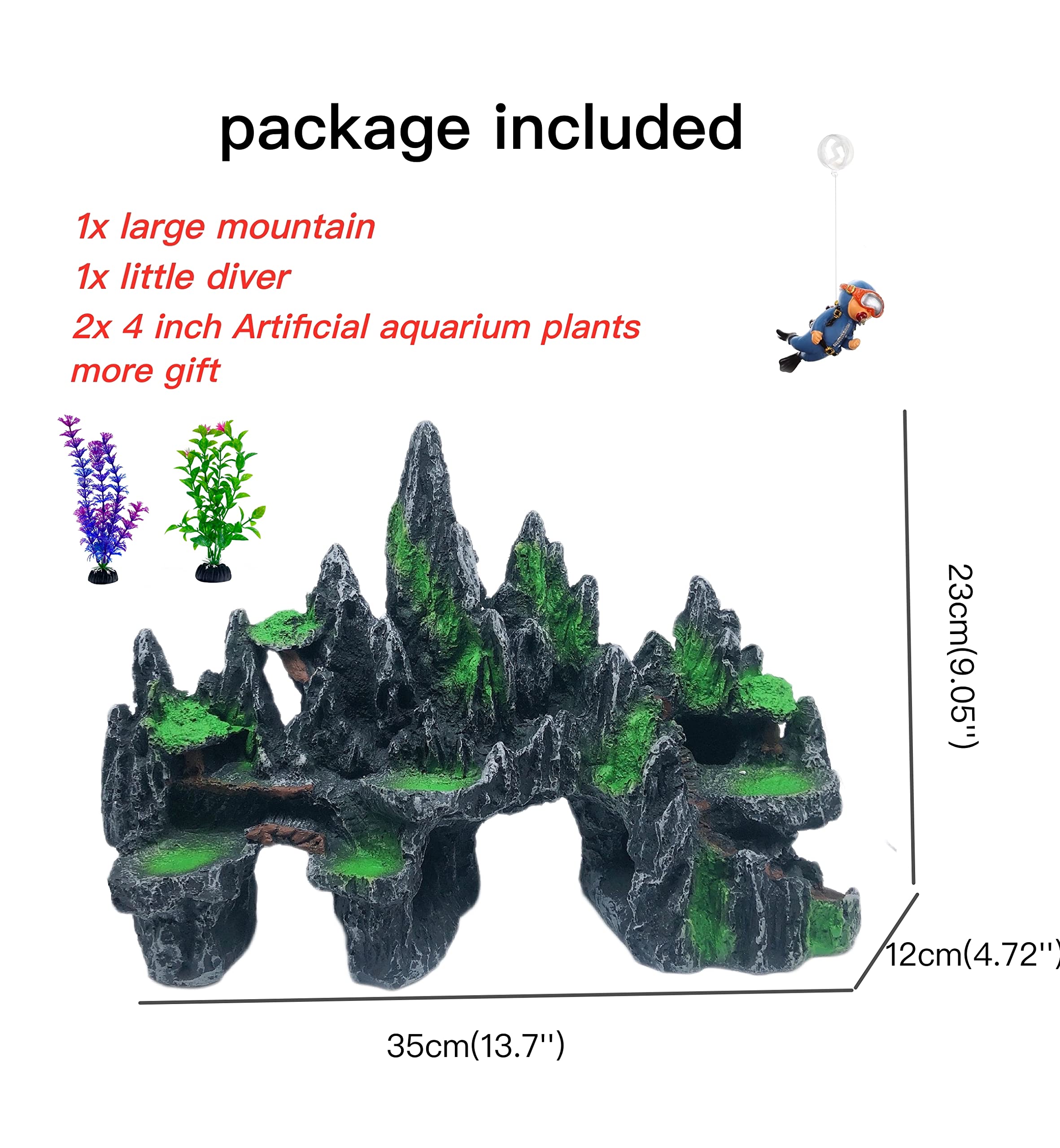 Awxzom Extra Large Aquarium Decorations, Big Mountain View Aquarium Ornaments, Large Fish Tank Decorations, Come With 1 Little Diver And 2X 4Inch Aquarium Plastic Plants (Extra Large Mountain)